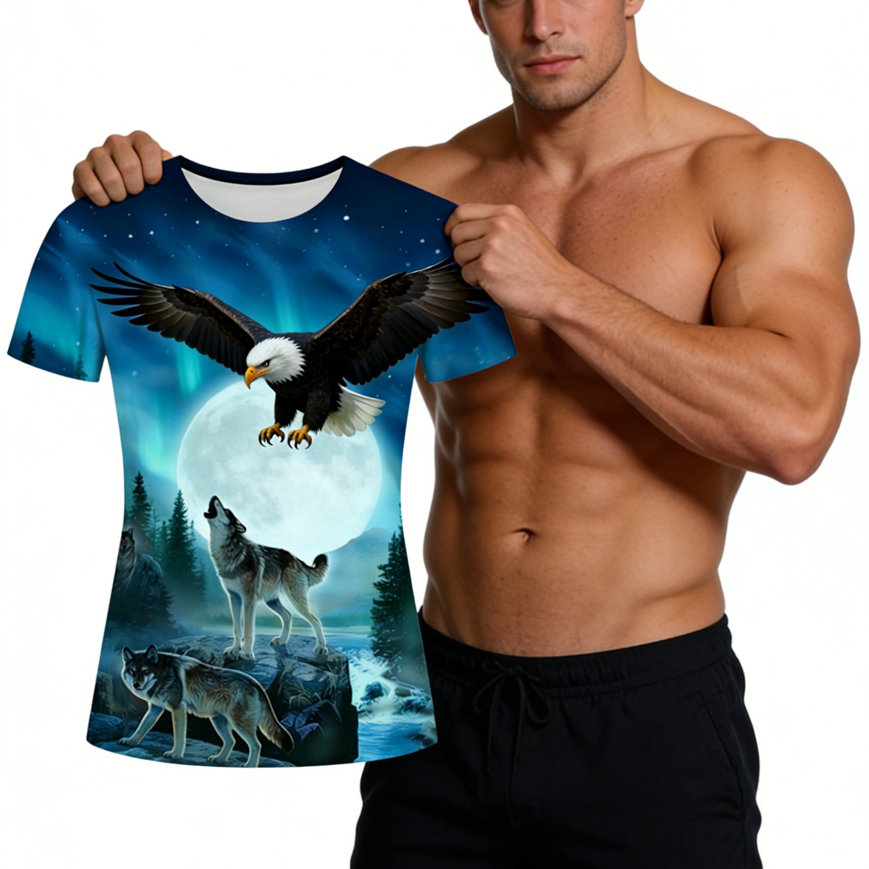TEMU Men's Plus-size Short-sleeve T-shirt Featuring A White-headed Eagle And Wolf Pc Print, Perfect For A Wild, Natural Streetwear Style, Plus Size