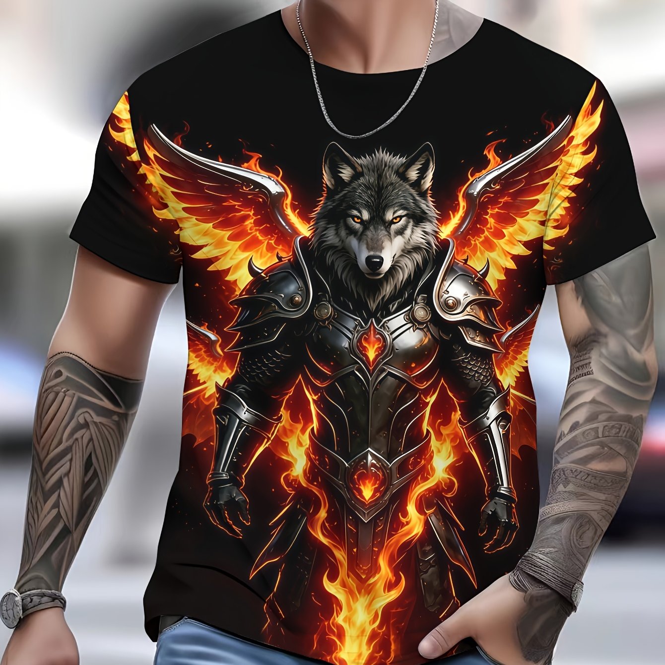 TEMU [printed Design-not Textured] Men's Plus Size Short Sleeve T-shirt, Dark Style, Flame-clad Warwolf Print, Suitable For Street Style