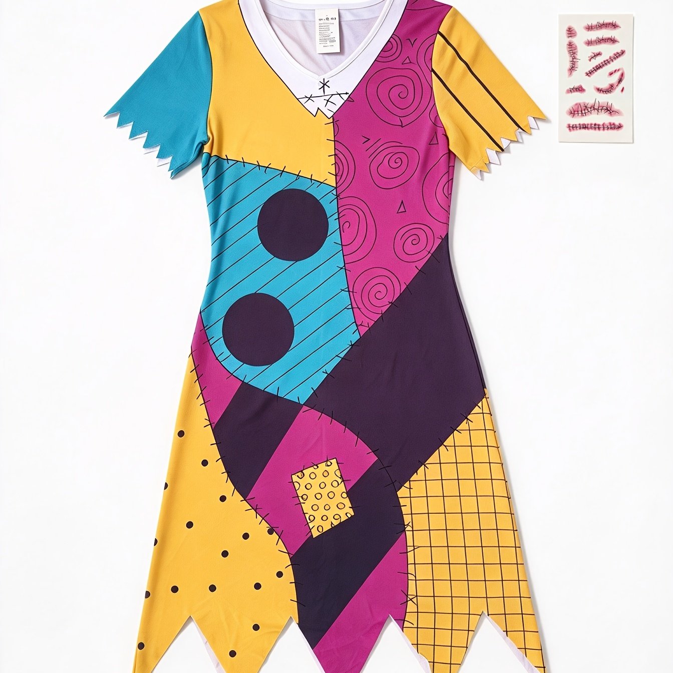 TEMU Robe de costume d'Halloween imprimée patchwork colorée, avec autocollants, idéale pour Halloween, les fêtes de Cosmétique, les jeux de rôle et