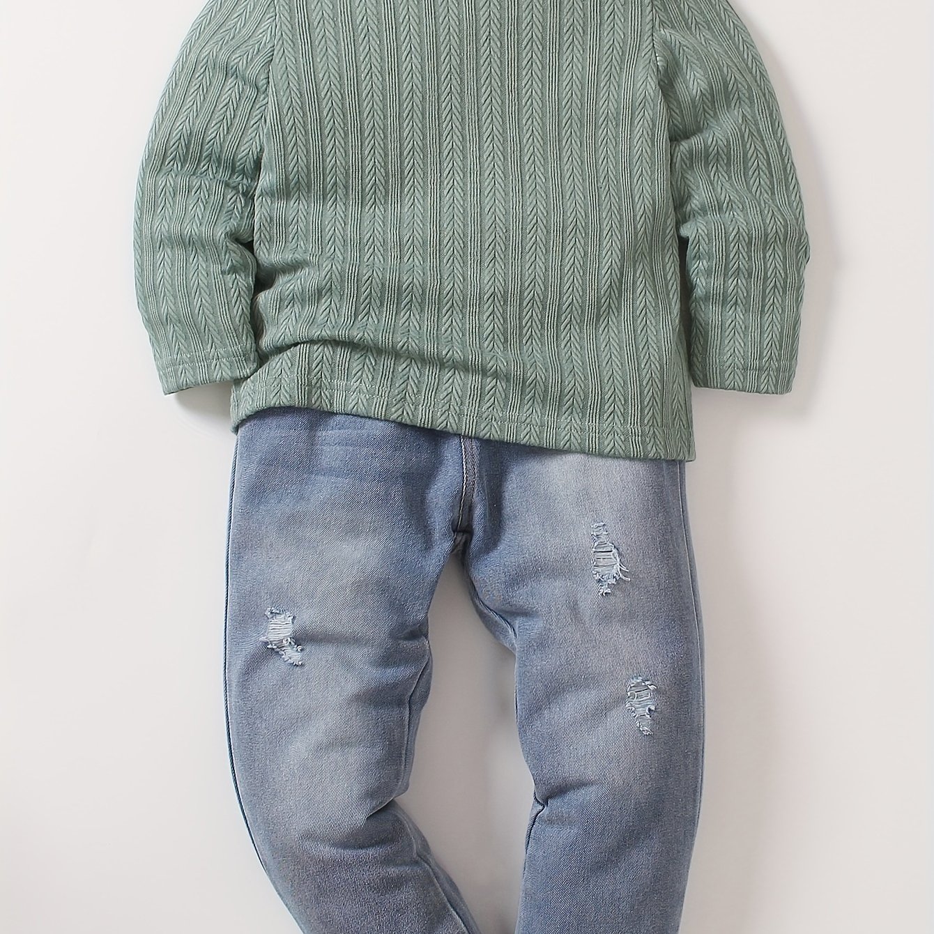 Boys' Cable Knit Solid Long Sleeve Round Neck T-shirt And Distressed Denim Long Pants Outfit, Spring/autumn Style, For Outdoor