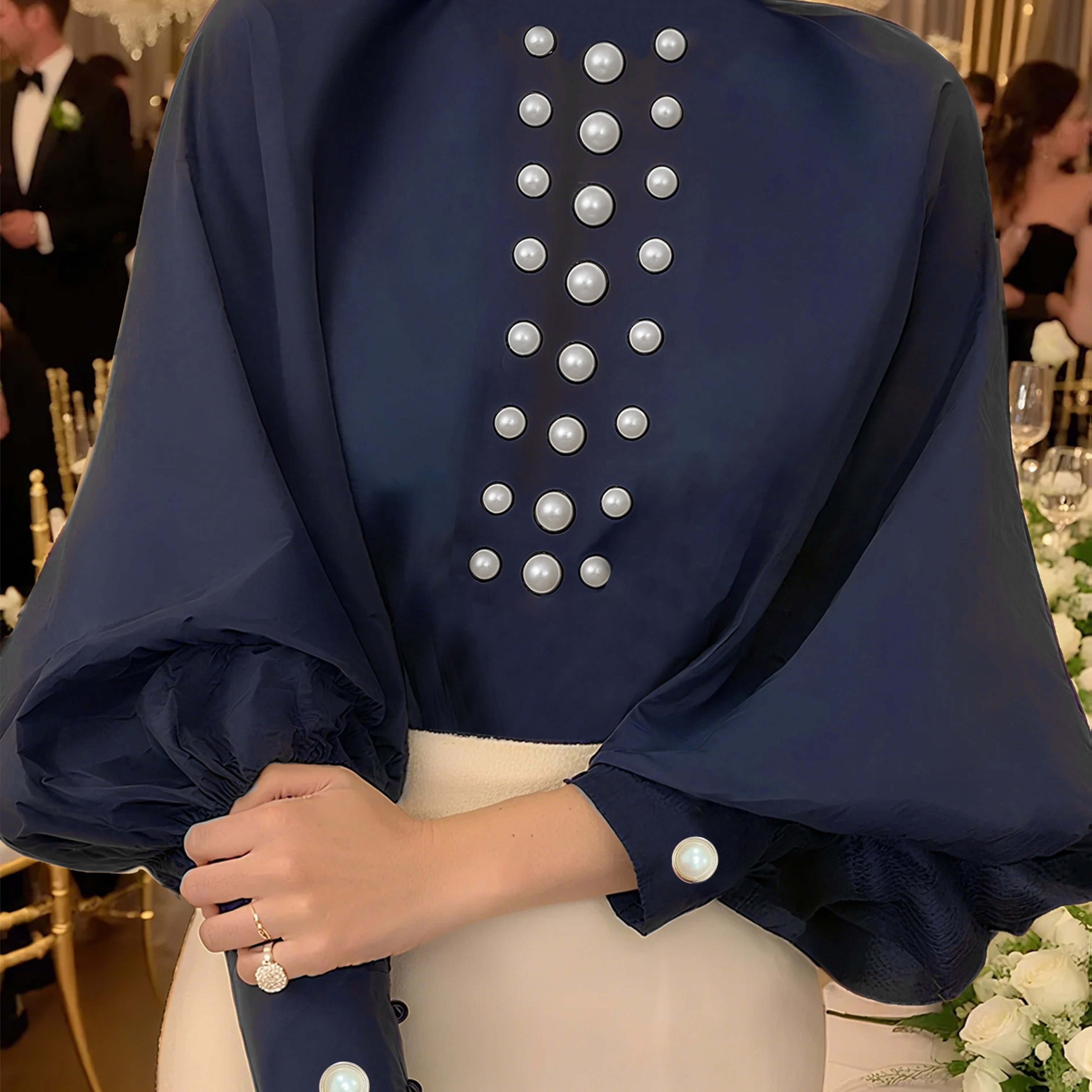 TEMU Camicetta da donna elegante e raffinata con maniche a decorate con perle, design con posteriore con lacci per feste, abbigliamento da ufficio