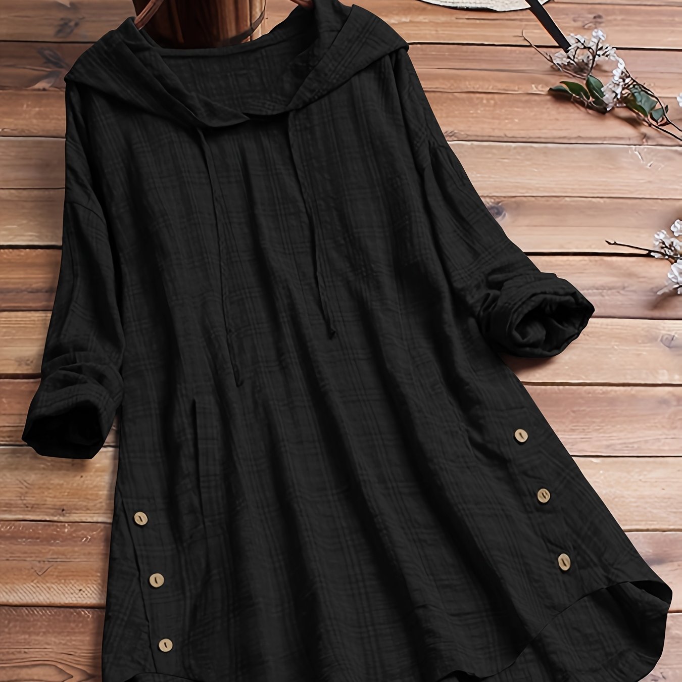 TEMU Camisa con capucha de larga, top asimétrico, blusa elegante a cuadros, exterior de otoño con cinturón para mujer, camisa elegante con cordón de