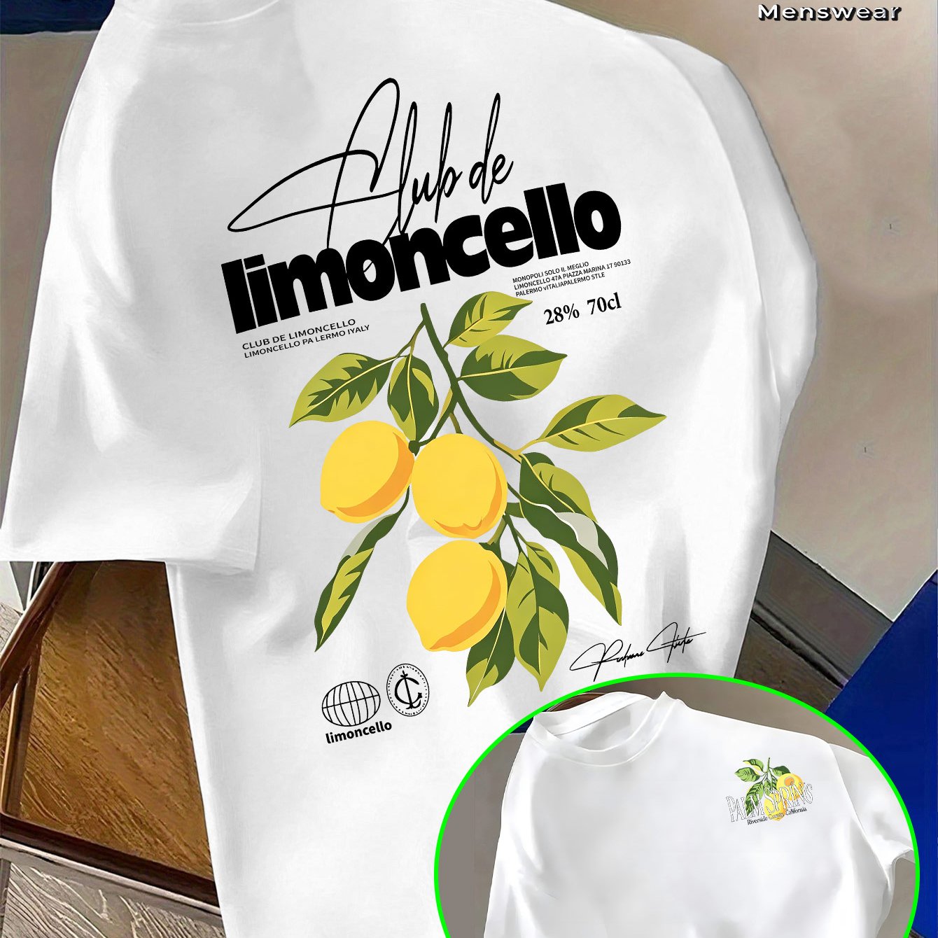TEMU 1. Club De Limoncello Italian Men's Short-sleeve Shirt - & Leaf With Handwritten Logo & Signature Badge, Round Neck Casual Summer Top Suitable