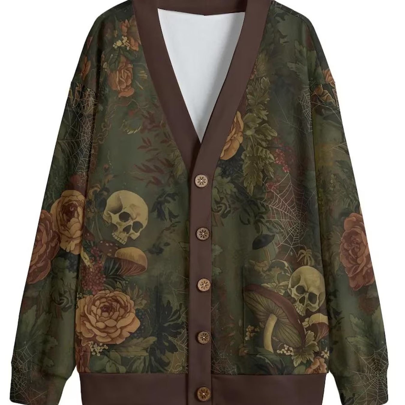 Image of Fashionable Casual Halloween Skull Floral Print Pattern Men's Lightweight Knit Cardigan Sweater