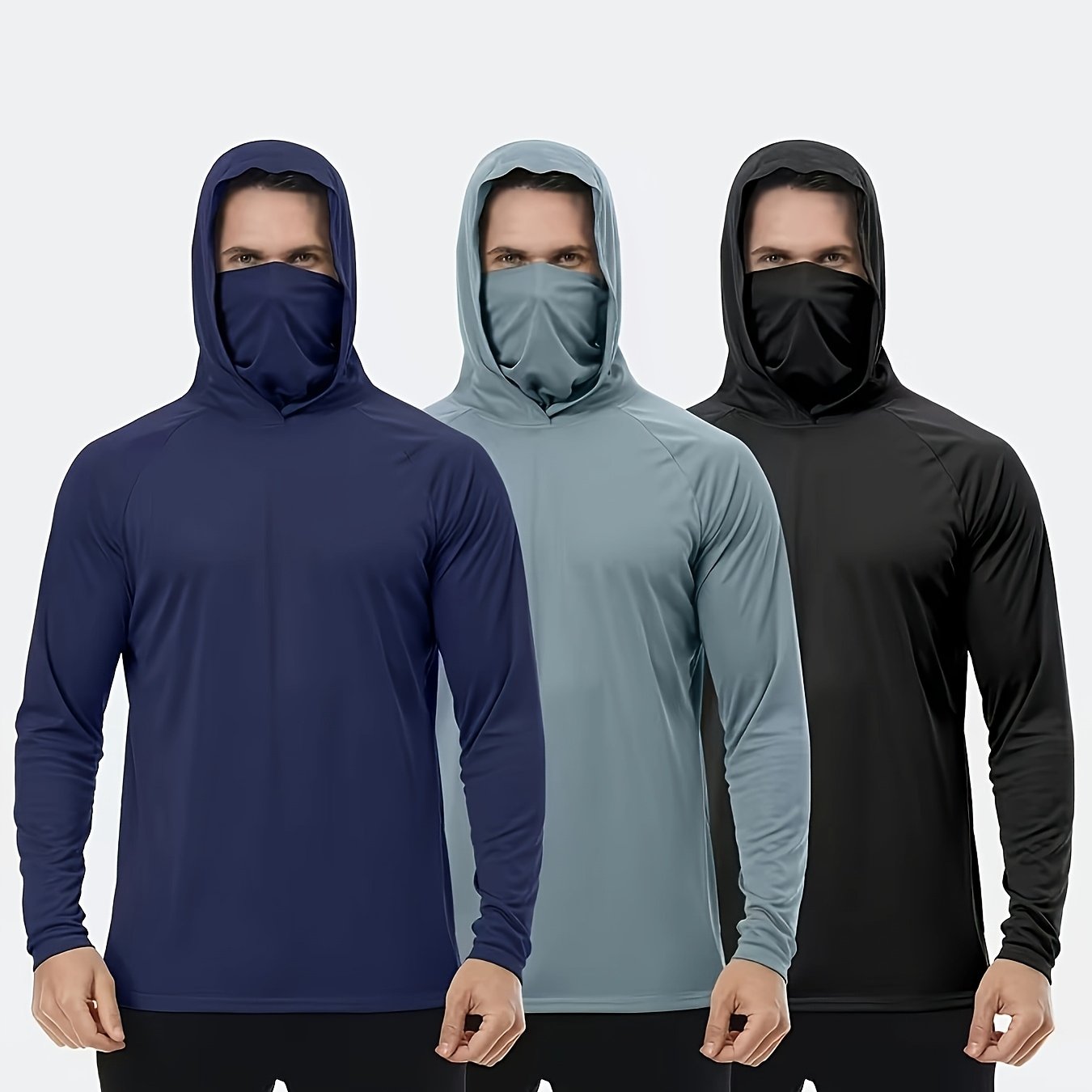 TEMU 3pcs Men's Hoodie With Mask & Cold Weather Base Layer, Breathable Wind-resistant Fishing Shirts, Long Sleeve Neck Gaiter For Summer Outdoors,