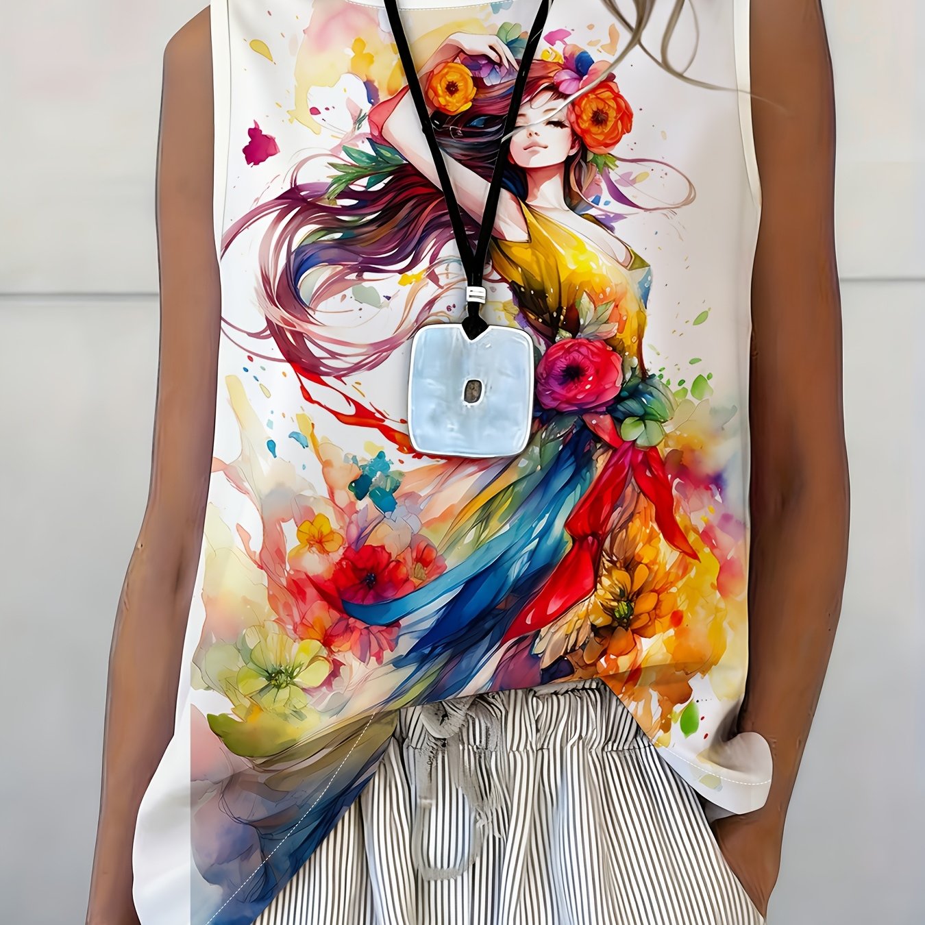 TEMU Women's Colorful Printed Sleeveless Tank Top, Loose Fit Summer Artistic Style Top, Fashionable Casual Pullover