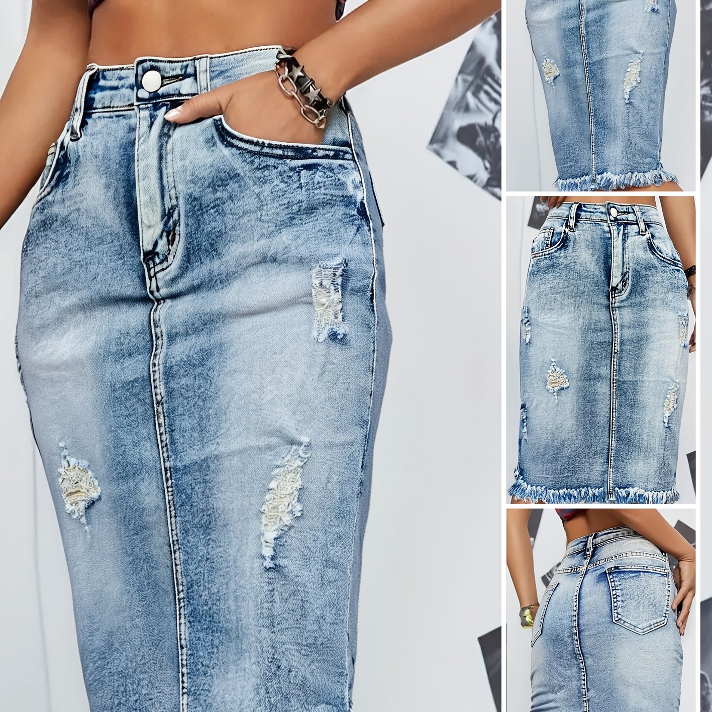 TEMU Women's High-waisted Distressed Denim Skirt With Frayed Hem & Details - Stretchy Light Blue Jean Skirt For Spring/summer/fall, Casual To Dressy
