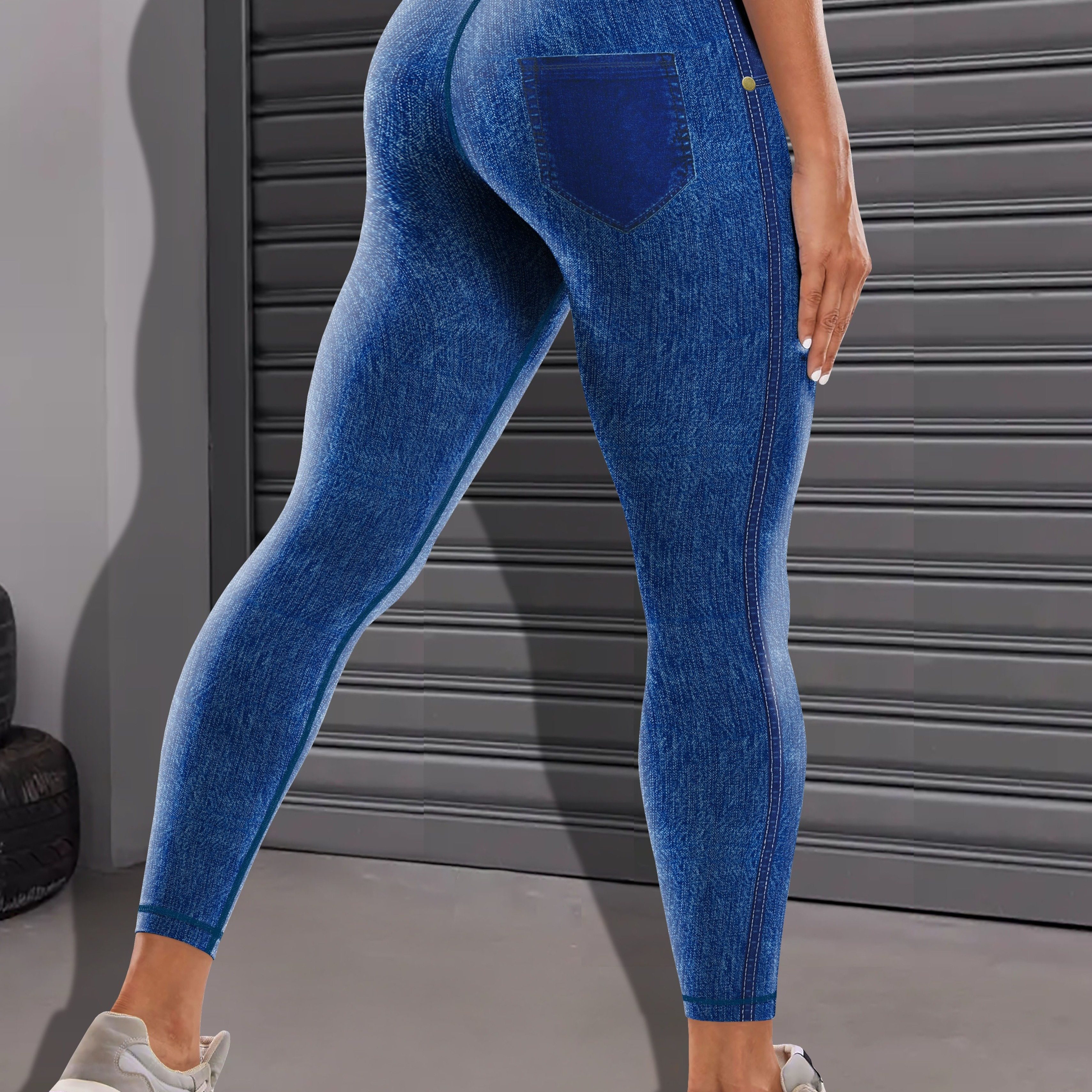 Simulation Jeans Faux Denim Print Yoga Leggings High Waist - Temu