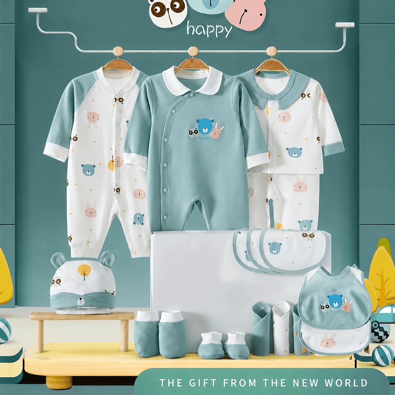 TEMU Baby Boy Clothes + Baby Items, Newborn Daily Necessities Complete Set, 0-3 Months, Total 21pcs, 3 Sets Of Clothes +swaddle Blanket+ Hat + Hand