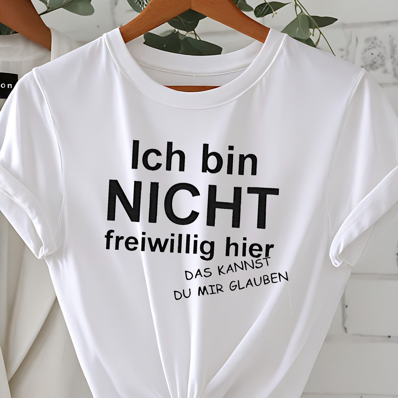 Plus Size - Women's Crew Neck T-shirt 220g White I Am Not Here Voluntarily German Text Print Suitable Machine Washable