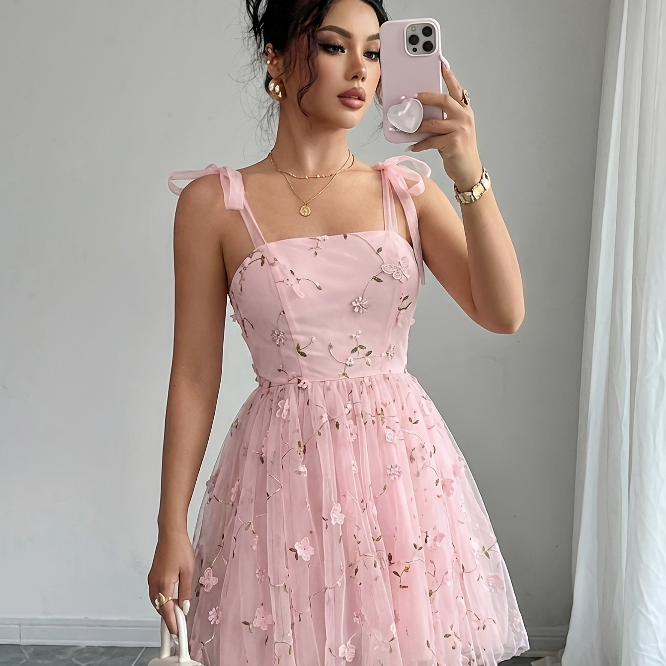 TEMU Women's Elegant -line Dress With Mesh Embroidery Bow Strap Tie Back - Solid Color Suitable For Weddings, Parties,, Machine Washable Dress Strap