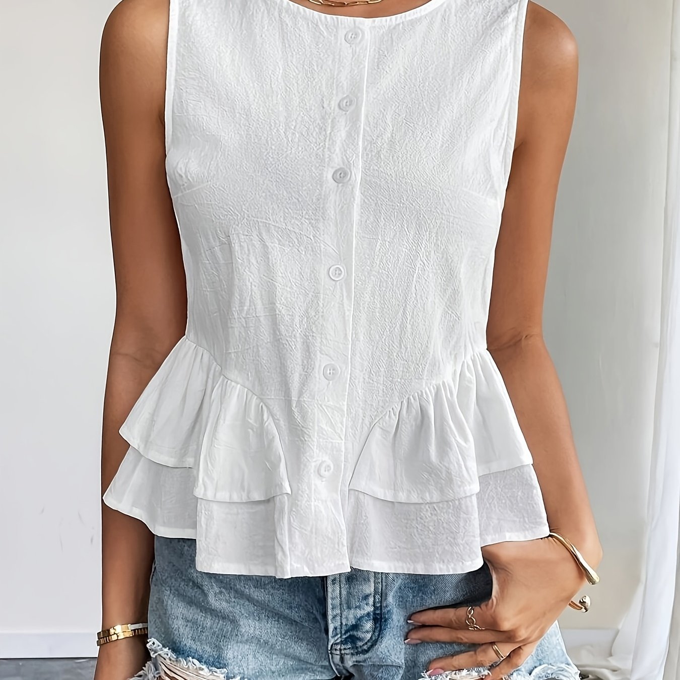 TEMU Chemise manches de couleur unie avec ourlet à volants