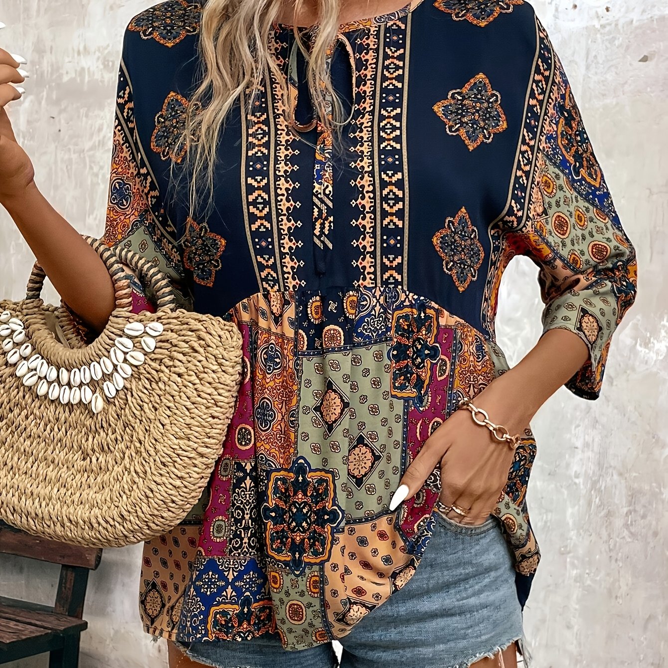 Image of Women's Elegant Geometric Print 3/4 Sleeve Shirt - Round Neck Bow Tie Front, Lightweight Machine-washable Top For Spring Summer Fall, Casual Vacation & Beachwear, Seasonal Fashion, Quality