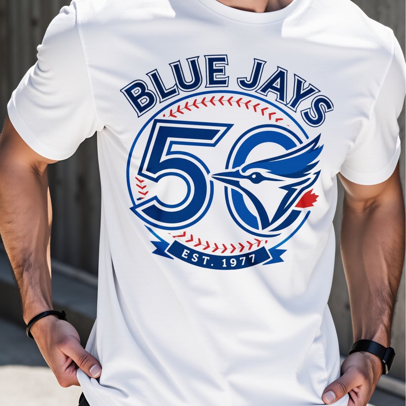 TEMU Men's T-shirt - Jays 50th Anniversary Logo Tee - Vintage Baseball Jersey Style Casual Crew Neck With Jays Logo Print, Machine Washable, Suitable