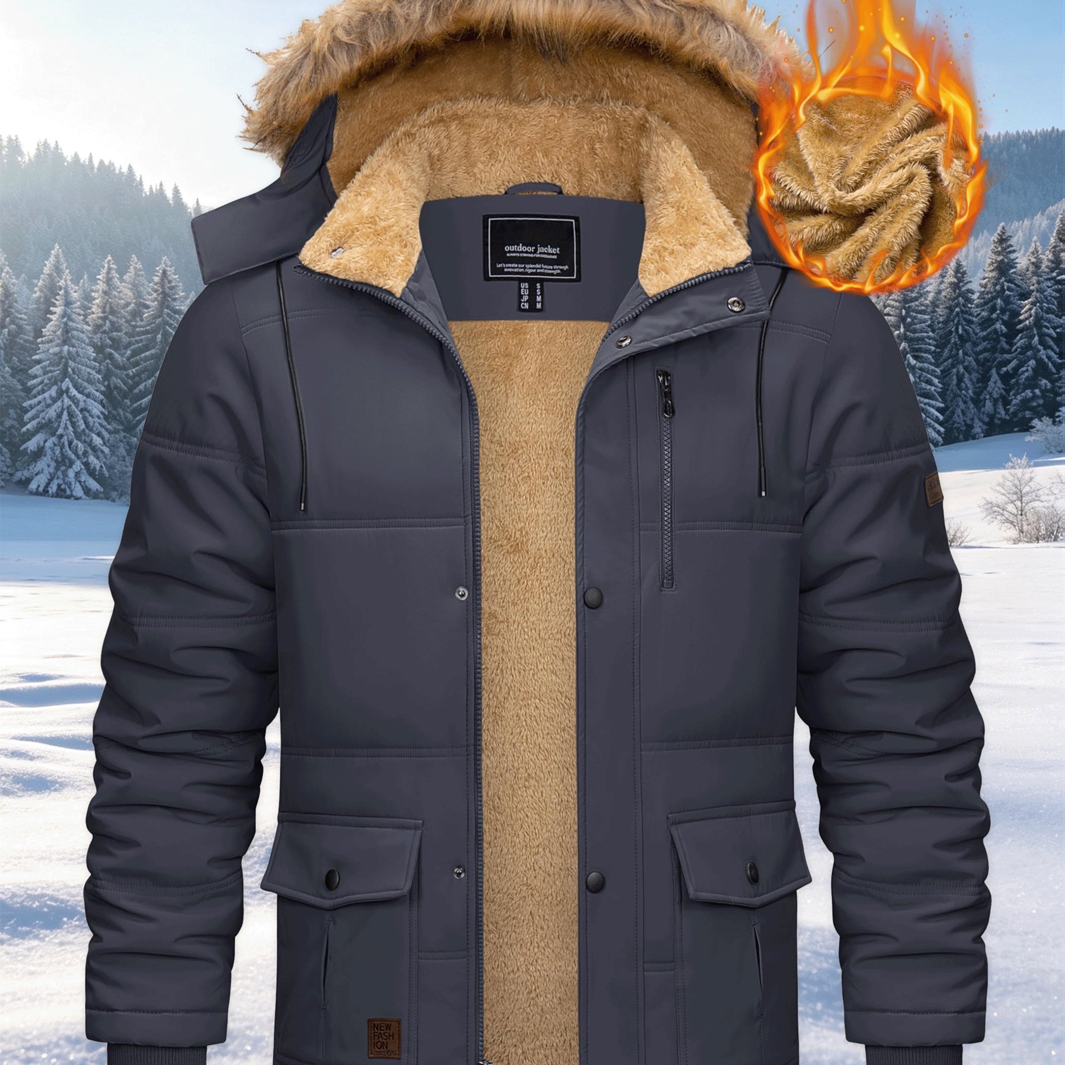 Image of Men's Winter Fleece Lined Jackets Warm Hooded Coats Thermal Multi-pockets Thick Outdoor Hiking Camping Fishing Climbing Traveling Casual Parka