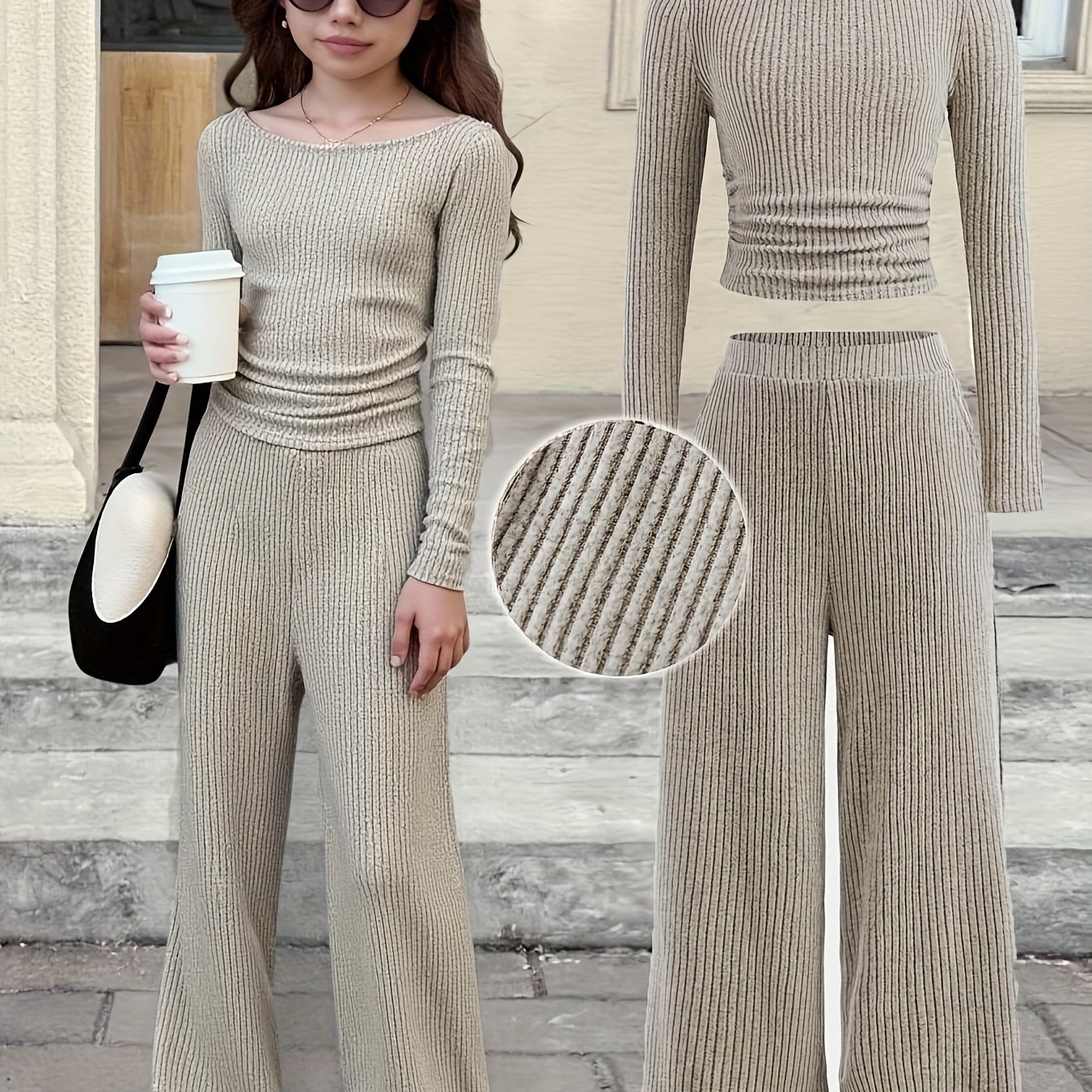Image of And Teen Girls' Autumn Winter Casual Fashion Versatile Ribbed Off-shoulder Knit Top And Straight Leg Pants Set, Suitable For Weekend, Casual Outing, And Fall Back-to-school, For Outdoor