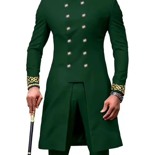 mens long sleeve suit round neck button cardigan with pockets and split hem embroidered drawstring pants 2pcs casual shirt and trousers set for street style wedding