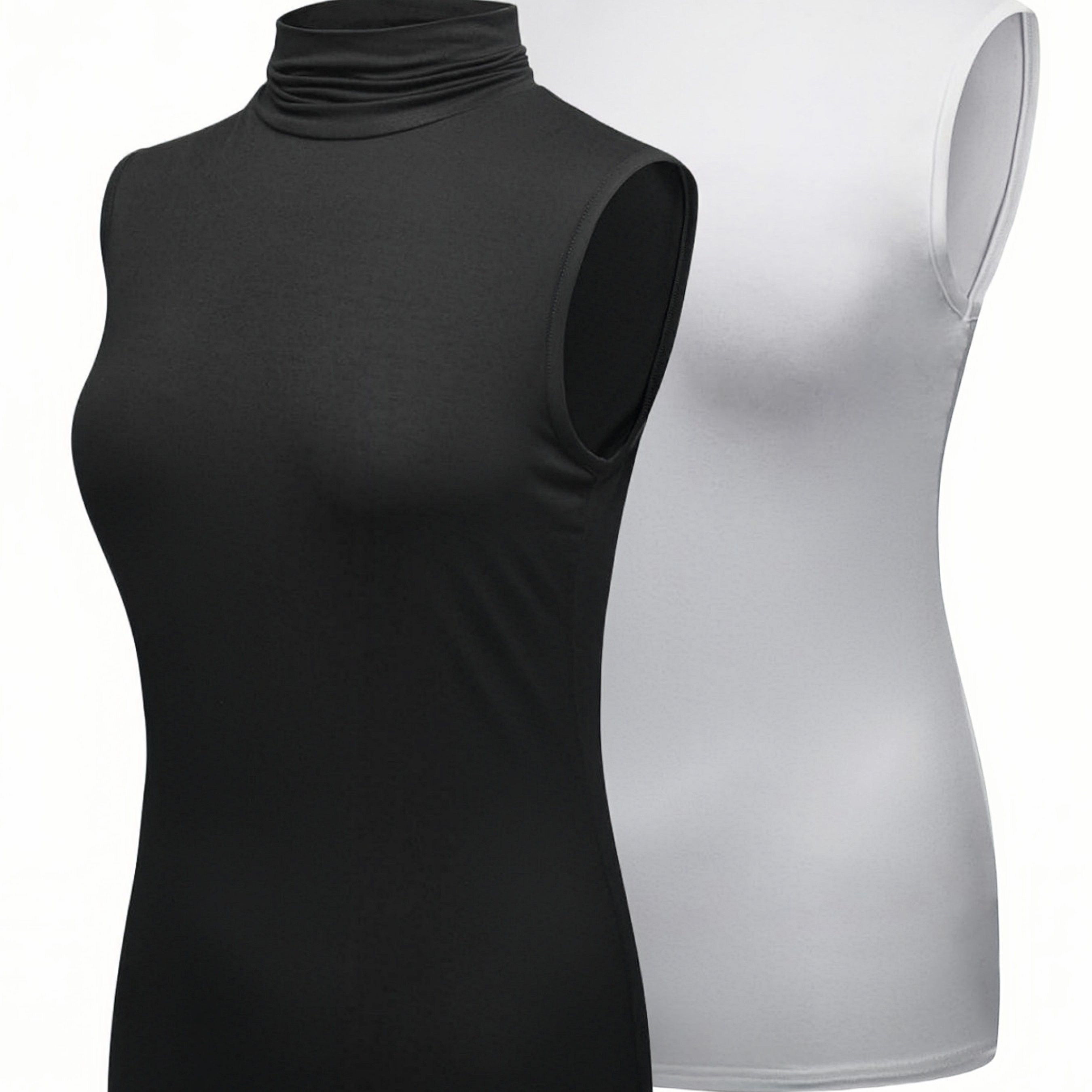 Image of 2pcs Women's Sleeveless High-neck Tank Tops, Slim Fit Stretch Layer T-shirts