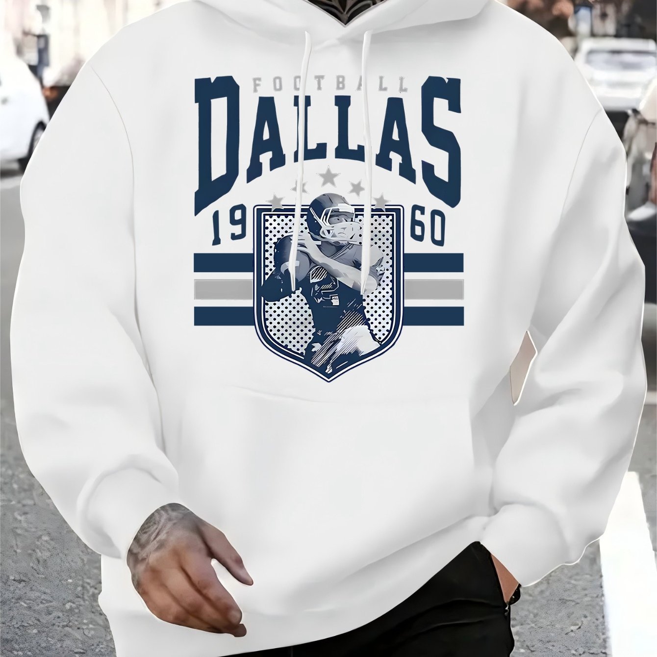 TEMU Men's Dallas Football 1960 Retro Pattern Hoodie - White And Navy Blue Geometric Print Pullover Sweatshirt With Kangaroo Pocket, Adjustable
