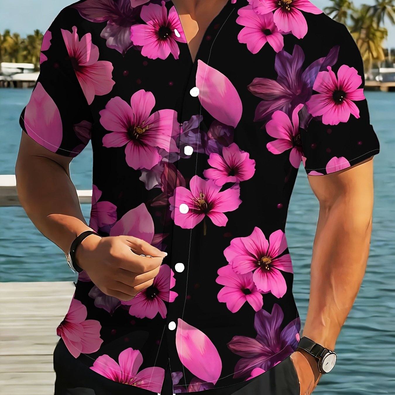 TEMU Men's Fashion Short-sleeve Shirt, Men's Black Shirt With Floral Print, Trendy New Summer Outfit, Casual Daily Shirt, Vacation Beach Shirt, For