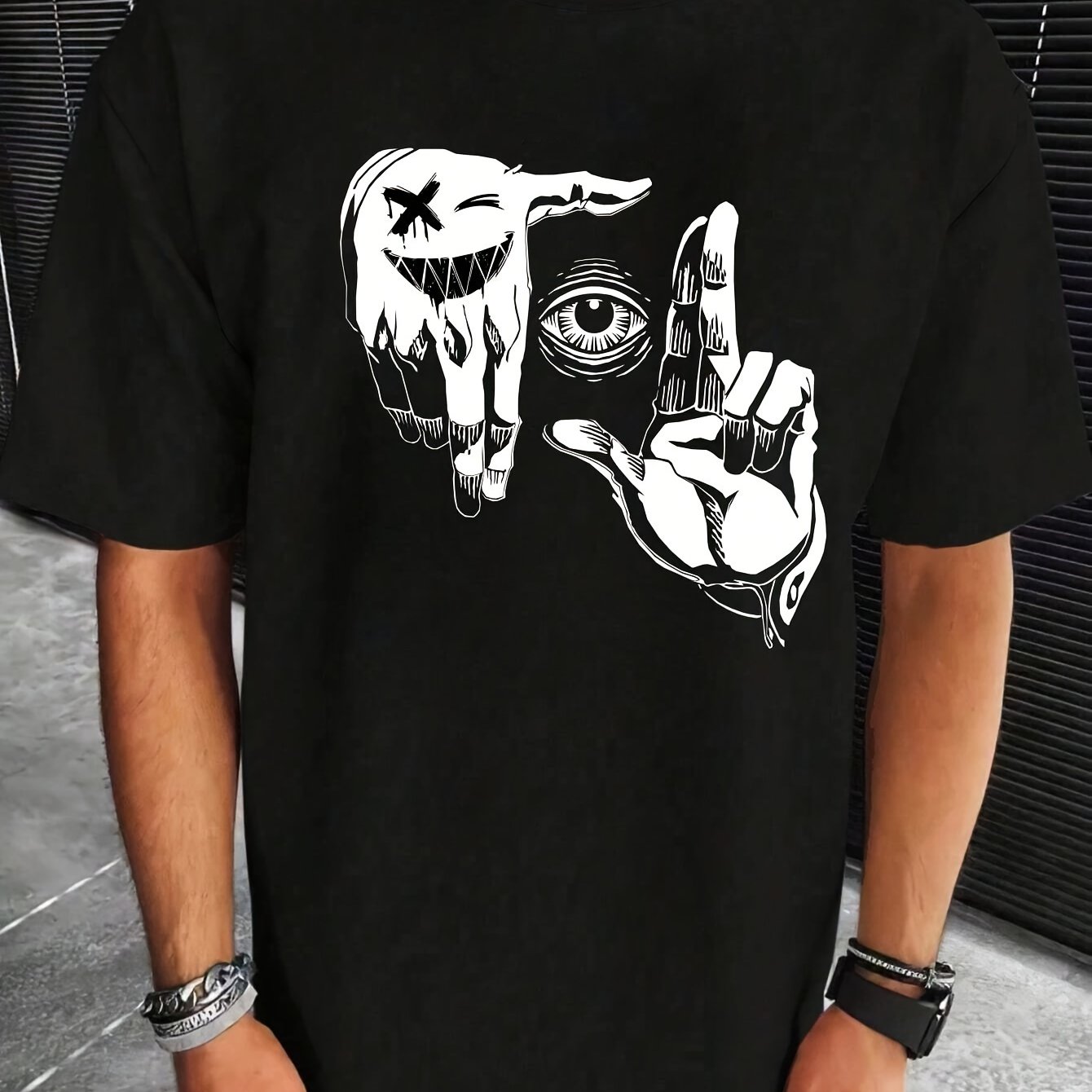 TEMU Men's Gesture Pattern Print Design Round Neck T-shirt, Summer Casual Comfortable Short Sleeve Top