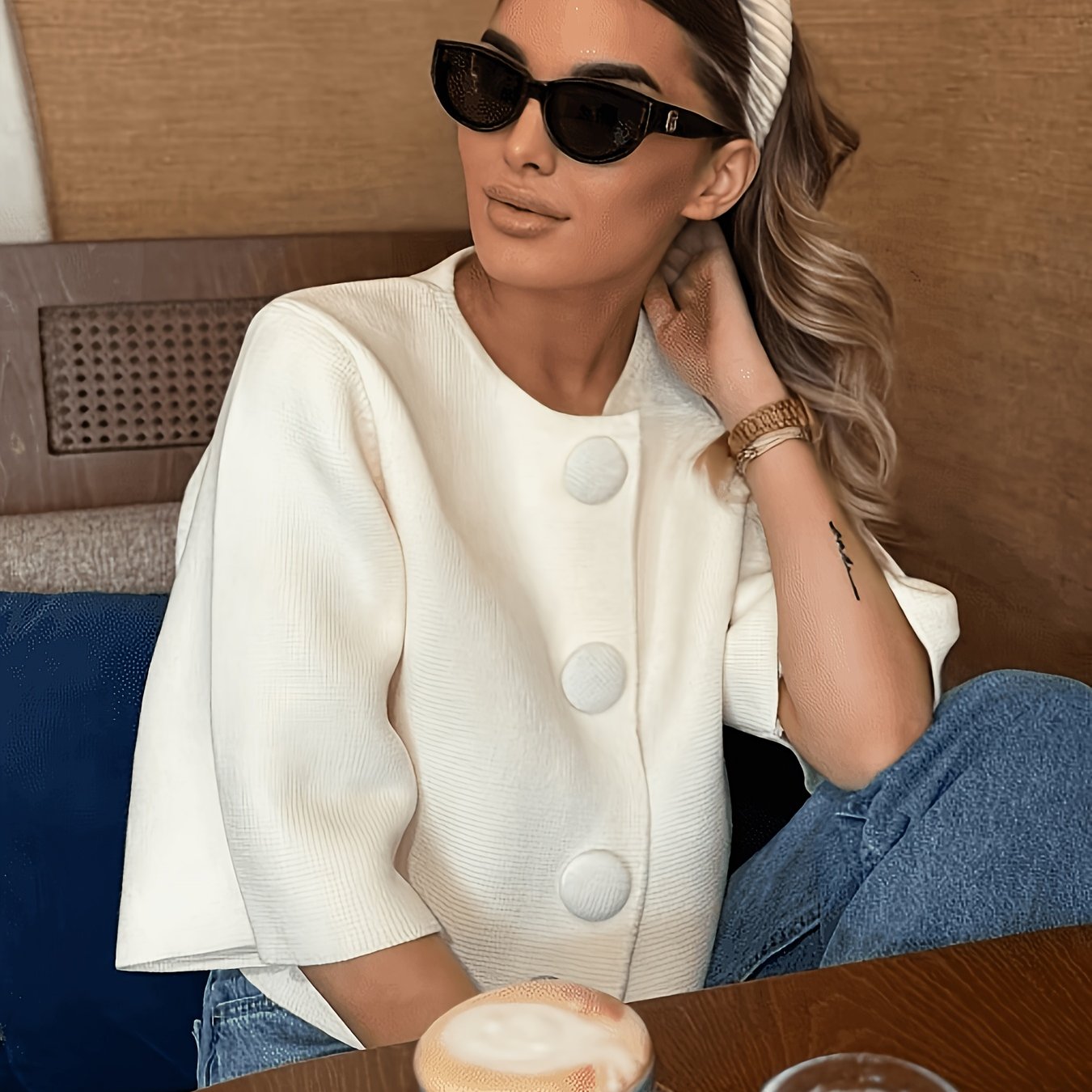 TEMU Women's Cream White Textured Cardigan - Soft Lightweight Cropped Sweater With Large Button Front, Crew Neck & 3/4 Sleeve -compatible For Office,