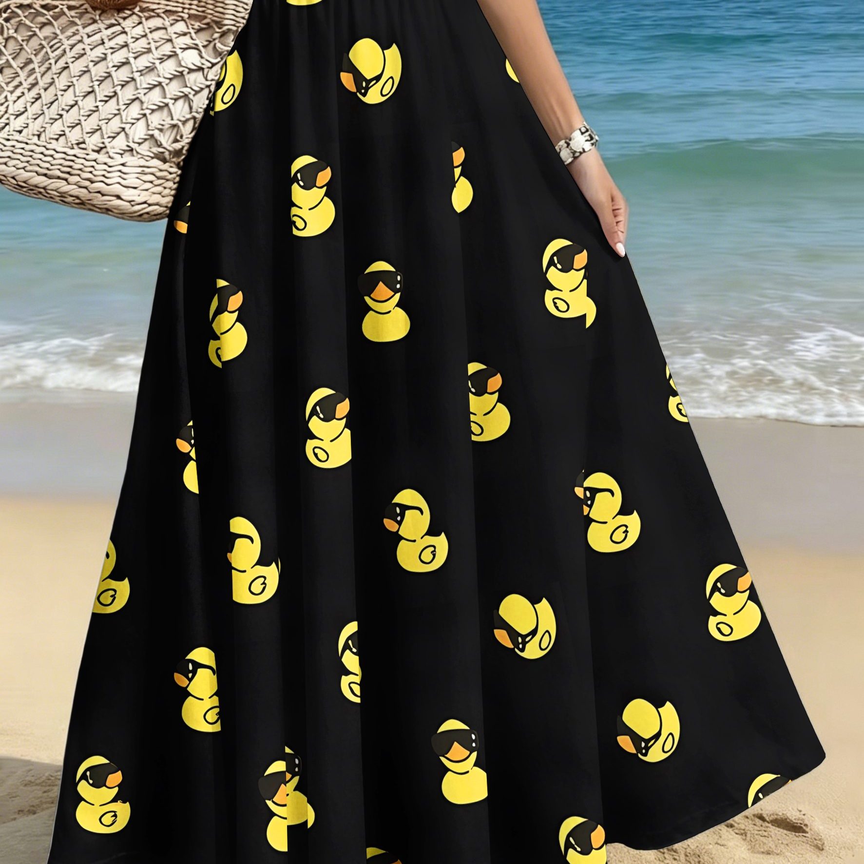 TEMU Plus-size Women's Elegant And Fashionable Midi Skirt, Casual Printed Mid-length Skirt With A Black Background And Small Pattern, Suitable For