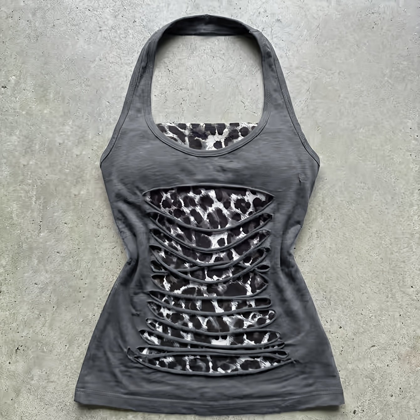 TEMU Top camisola estilo estético Y2K con estampado de leopardo, top corto tipo collage de mujer con cuello de halter, chaleco entallado de ajuste