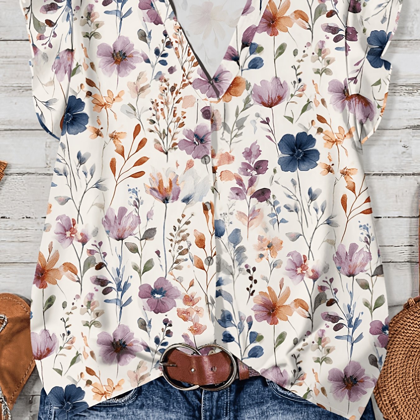 TEMU Elegant Special Edition Women's Spring Summer New Printed V-neck Pullover Casual Wear Elegant Top Women's Clothing