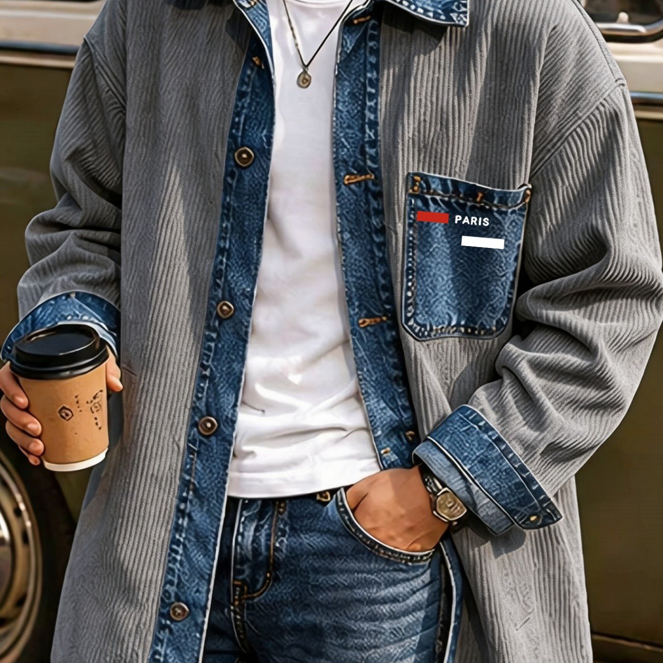 Image of Men's Corduroy Denim Shirt Jacket, Retro Color Block Long Sleeve Button Shacket, Loose Fit Turn Collar Outerwear, Casual Chest Pocket Jacket For Daily Streetwear