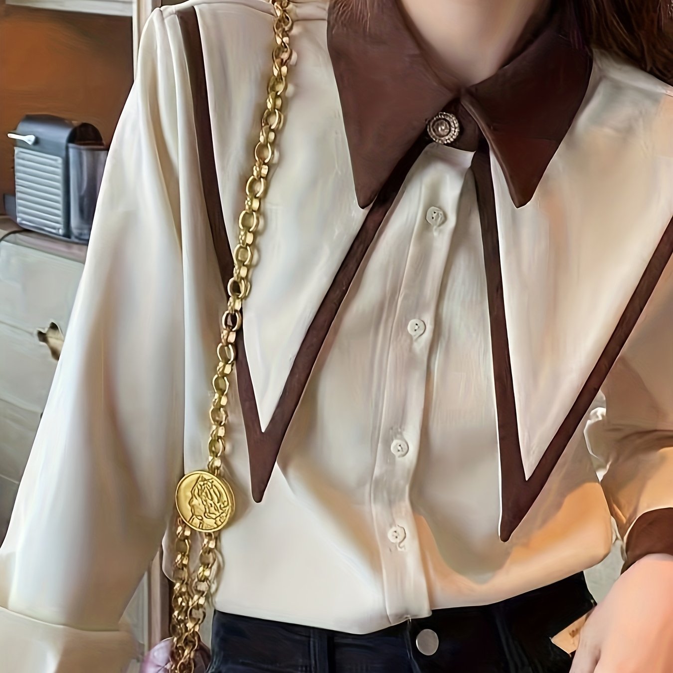 TEMU Chemise à Manches Longues pour Femme avec Nœud Papillon Contrasté Style Vintage , Mode Printemps/Automne, Style et Élégant
