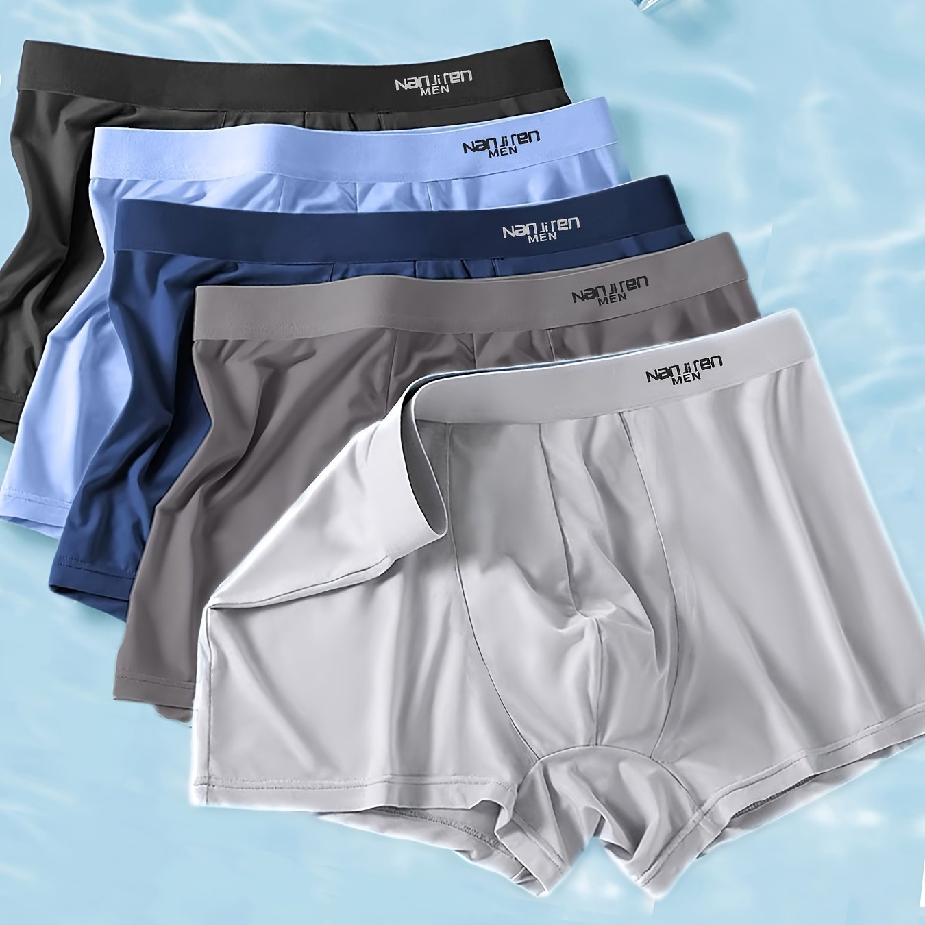 TEMU Stylish Ultra-soft Series - 5 Pcs Men's Solid Color Stretchy Ice Silk Boxer Briefs - Comfy && Breathable Underwear Set