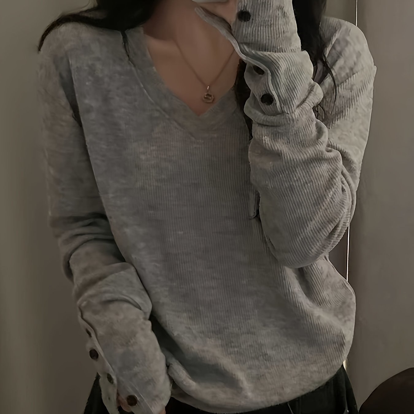 E-shop Koreanischer V-Ausschnitt Temperamentlicher Sweater, Vielseitiges Langarm Frühlings-/Herbst-Unterhemd Design Lässiges Temperament Top (Dünner