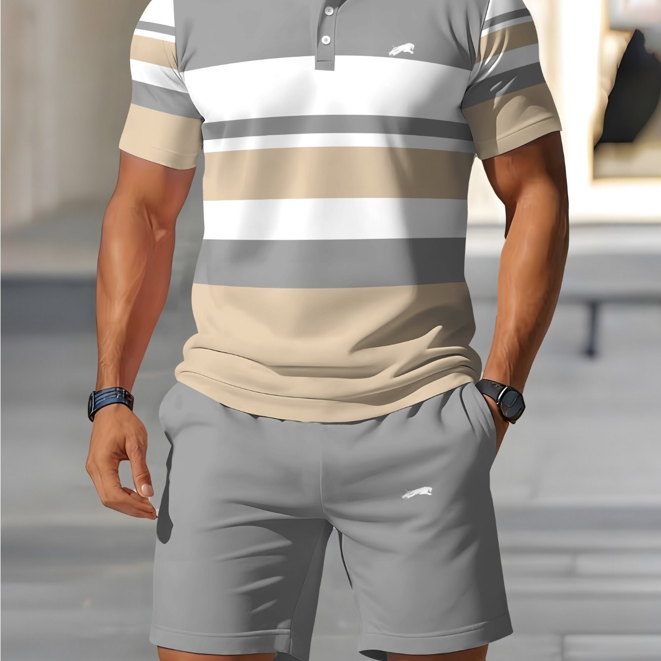 TEMU Completo sportivo estivo casual da , set polo a righe color-block, maglia casual a maniche corte + pantaloncini con vita , set versatile 2 pezzi