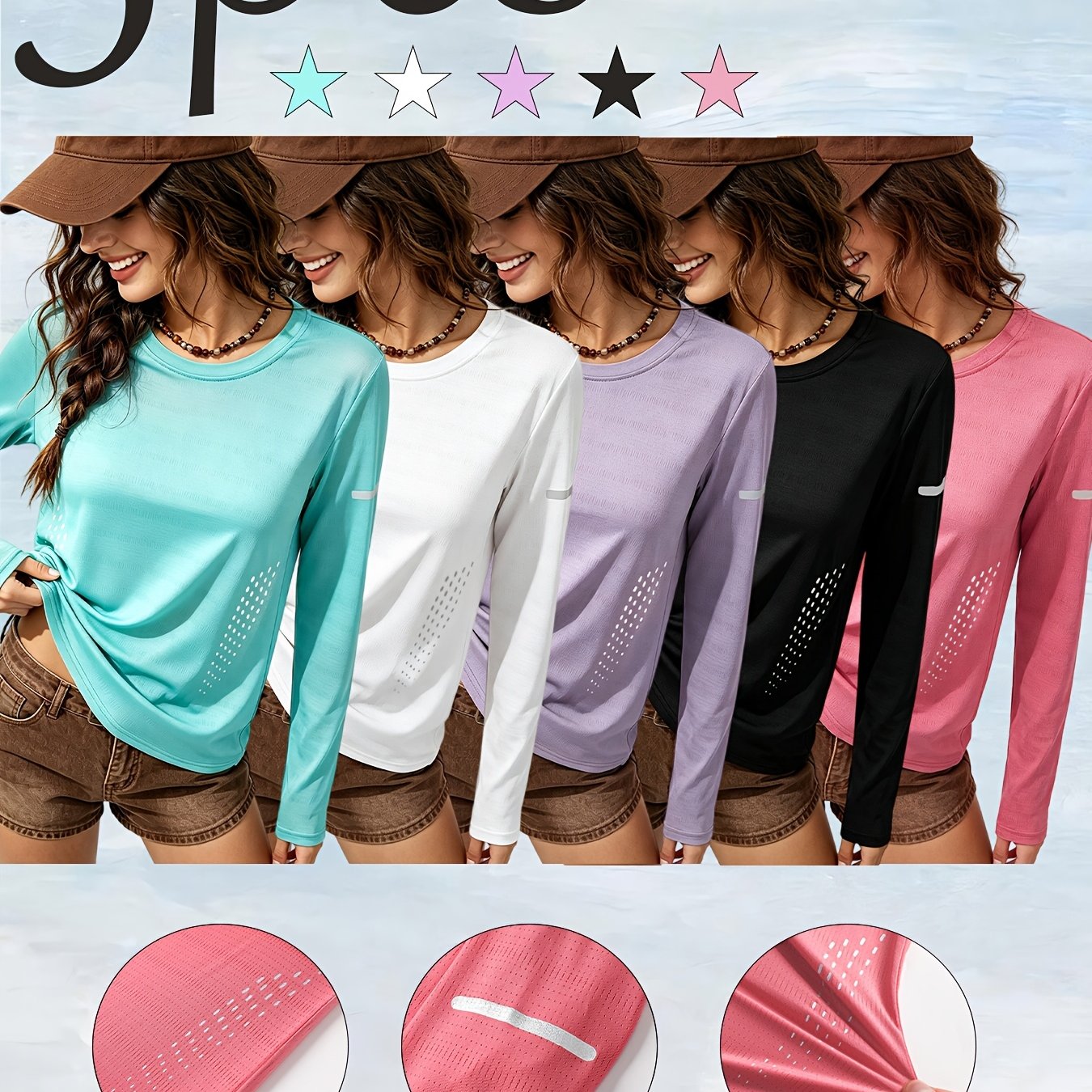 TEMU 5pcs Women's Soft Breathable Long-sleeve T-shirts - High-elastic Round Neck Athletic Suitable For Yoga, Gym, Running, Dancing, -fit Hem Casual
