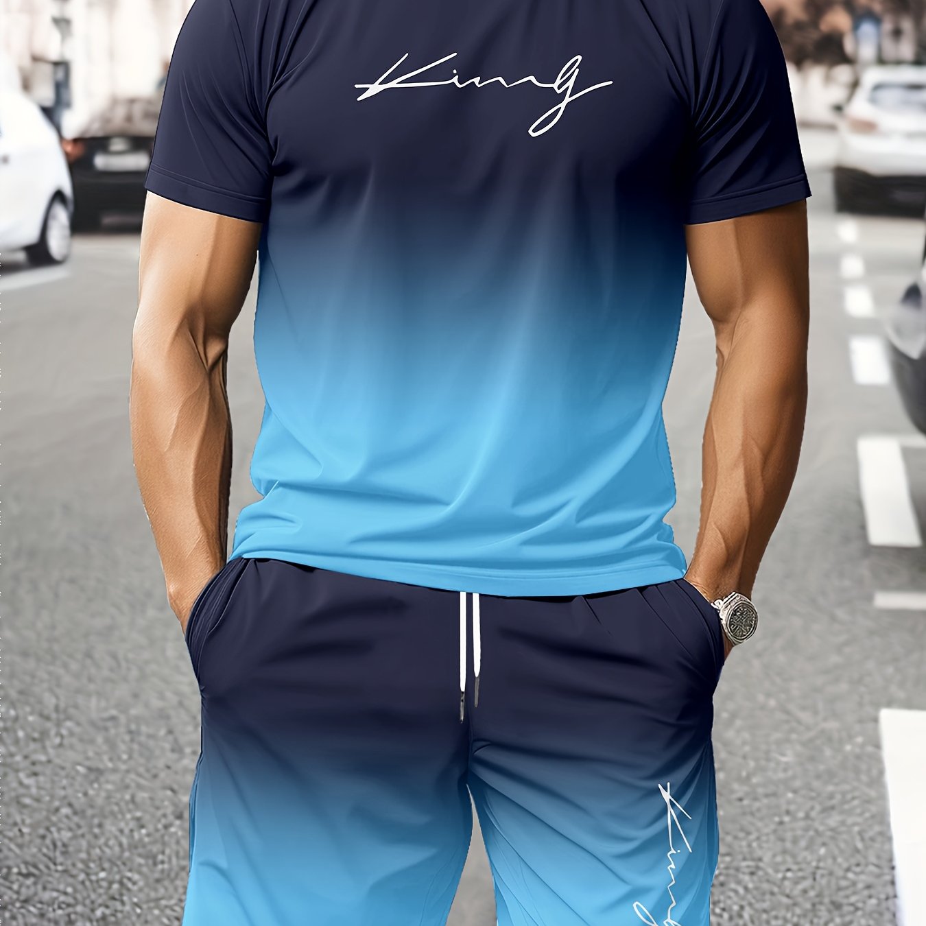 TEMU Conjunto de 2 piezas para hombre con estampado digital degradado "King" estilo , camiseta degradada + pantalones cortos casuales