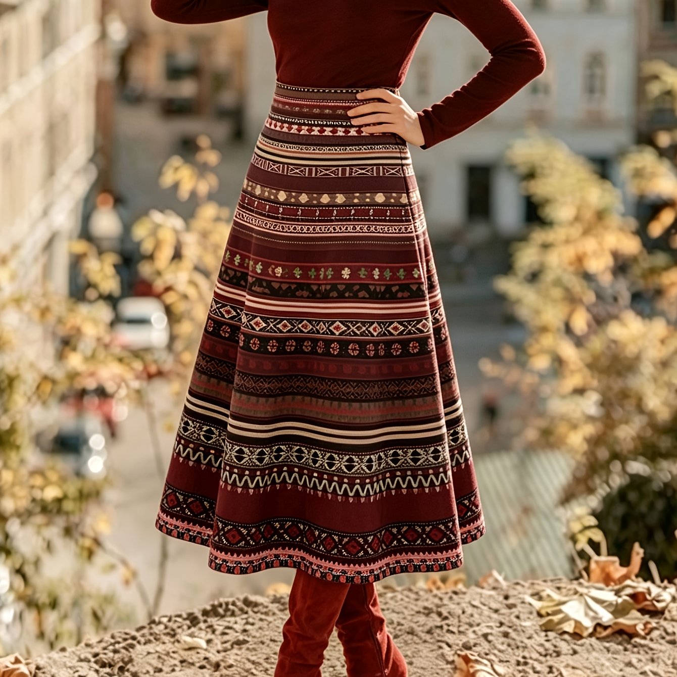 Image of Autumn And Winter New European And Bohemian Style Geometric Pattern Half-length Skirt Ladies High Waist Slim Fit Mid-length Large Swing A-line Skirt