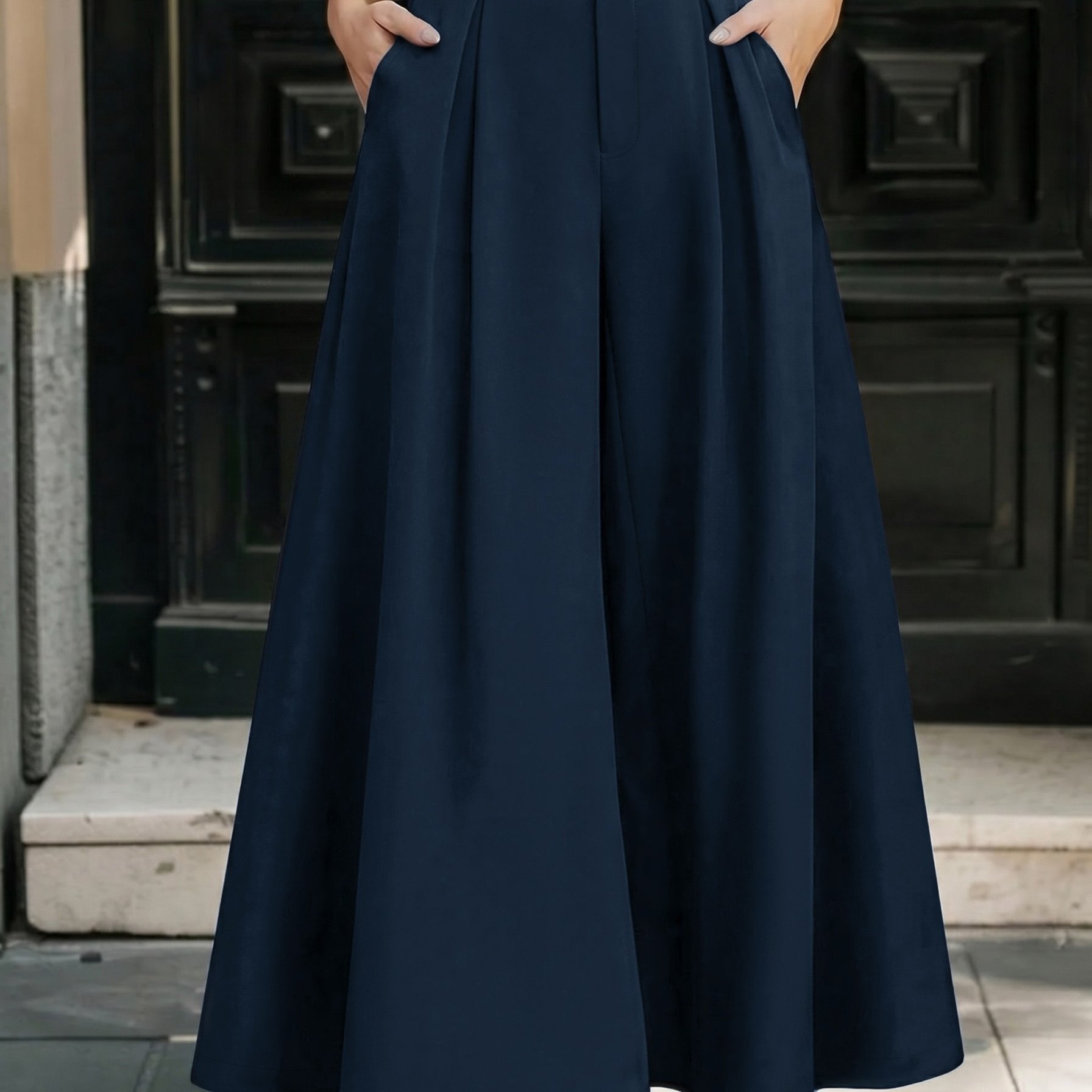 TEMU Plus Size - Plus Size Women' Color Half-elastic Waist Head Open Zipper Slant Pocket Casual Easy Loose Straight Elegant Style Women's Long Pants