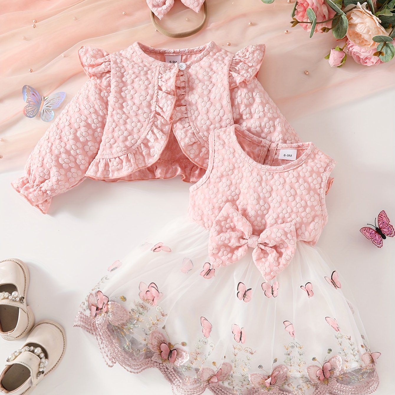 Image of Fashion 's -shaped Long-sleeve Ruffle-trimmed Cropped Top + Sleeveless Mesh Dress + Bow Headband, Perfect For Outdoor, Newborn/toddler Necessities