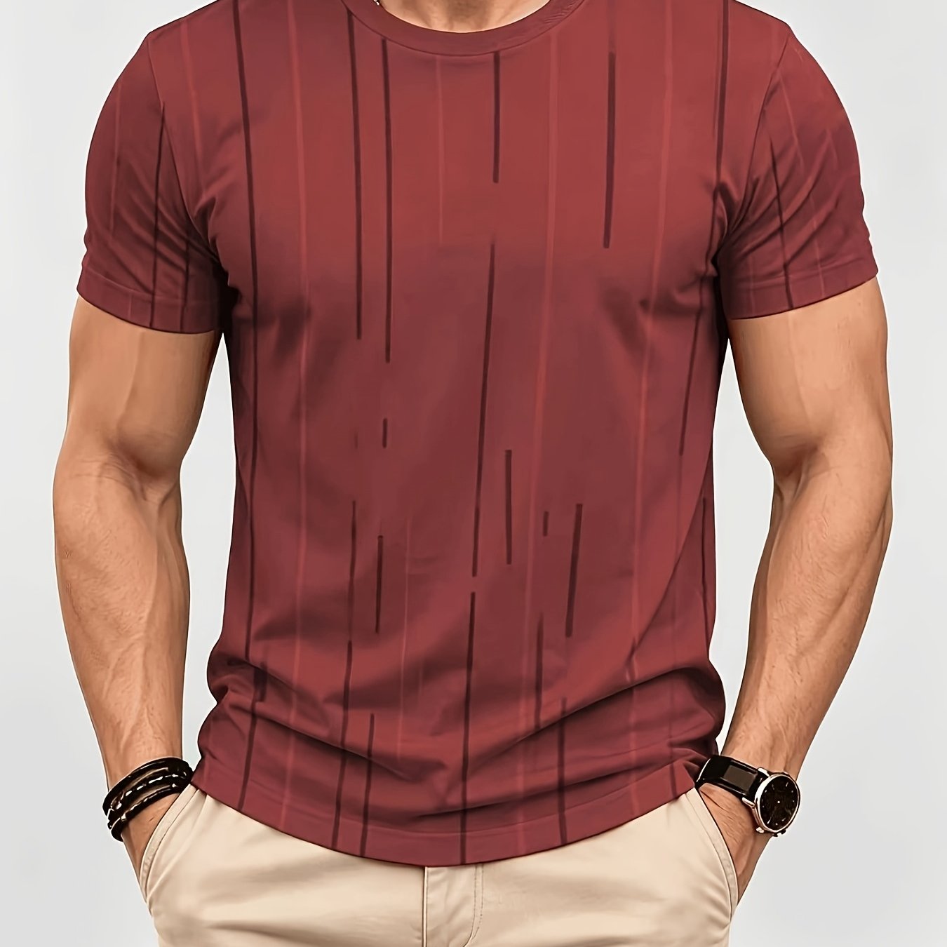 TEMU Men's Rust Red Vertical Irregular Crew Neck Short Sleeve T-shirt, Casual Summer Daily Tee Tops