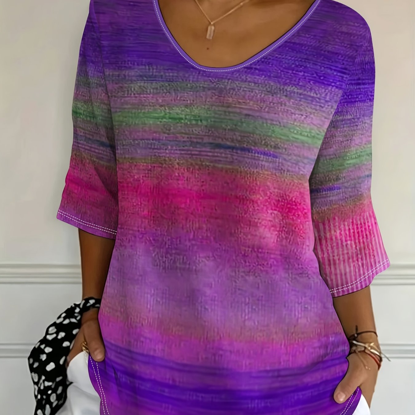 TEMU Plus Size - [printed Design - Not Texture] Women's Colorful Gradient Stripe Print 3/4 Sleeve Casual Fashion T-shirt, Purple, Green, Red