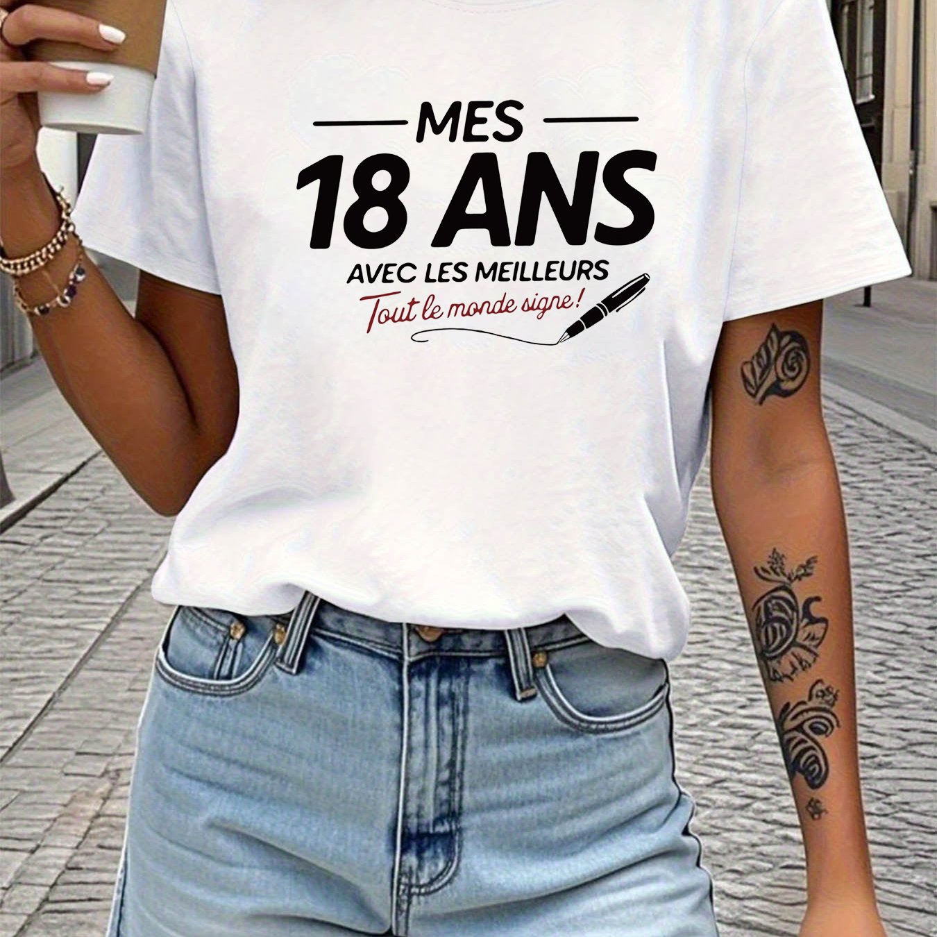 TEMU T-shirt pour femme « Mes 18 Ans » en français - Cadeau de 18e anniversaire adapté et à l'été, haut décontracté à manches courtes et col ras du