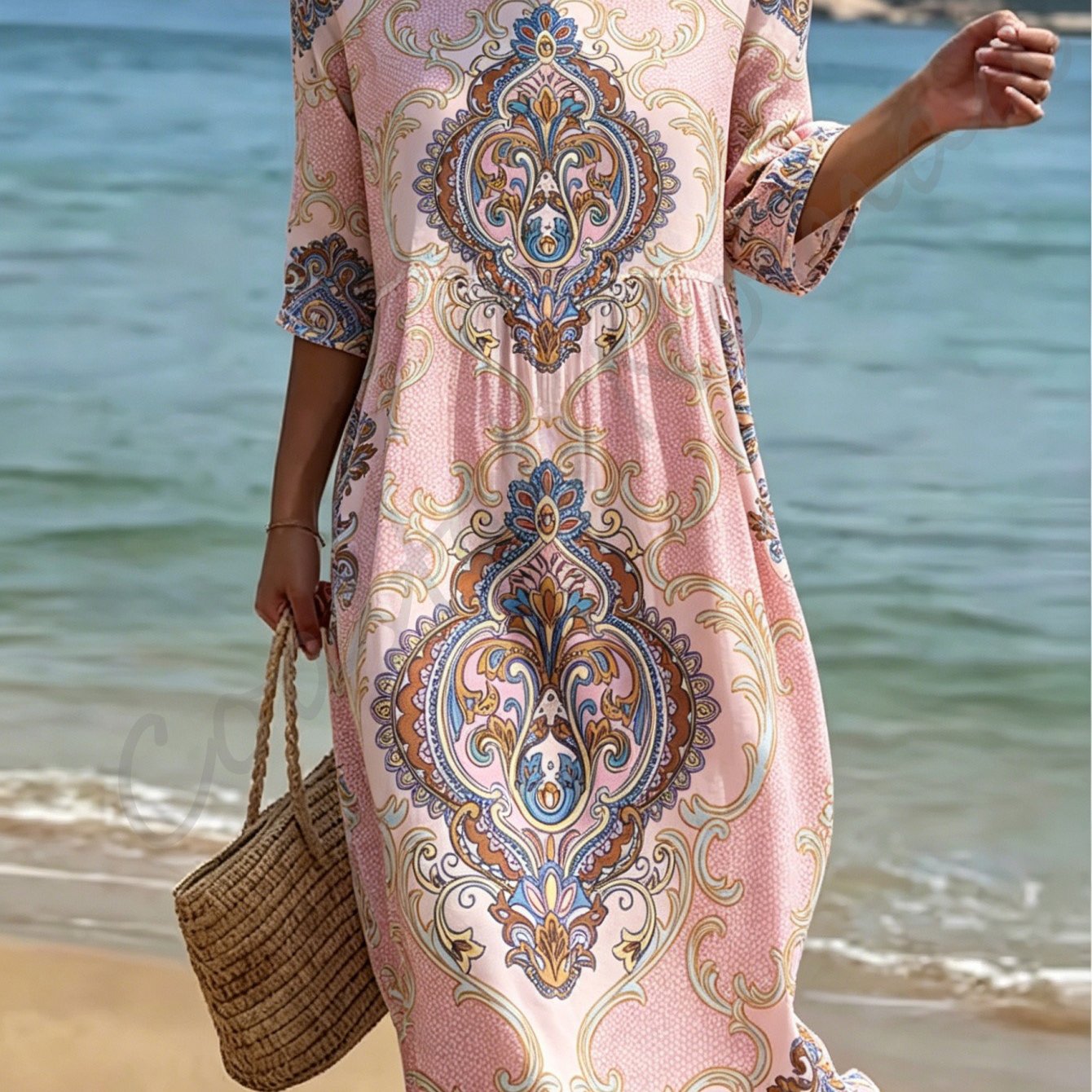 Women's Style Dress, Round Neck, Three-quarter Sleeves, Bohemian Style Midi Dress, Breathable Polyester Fabric, 2d Printing, Suitable For Commuting And Vacation.