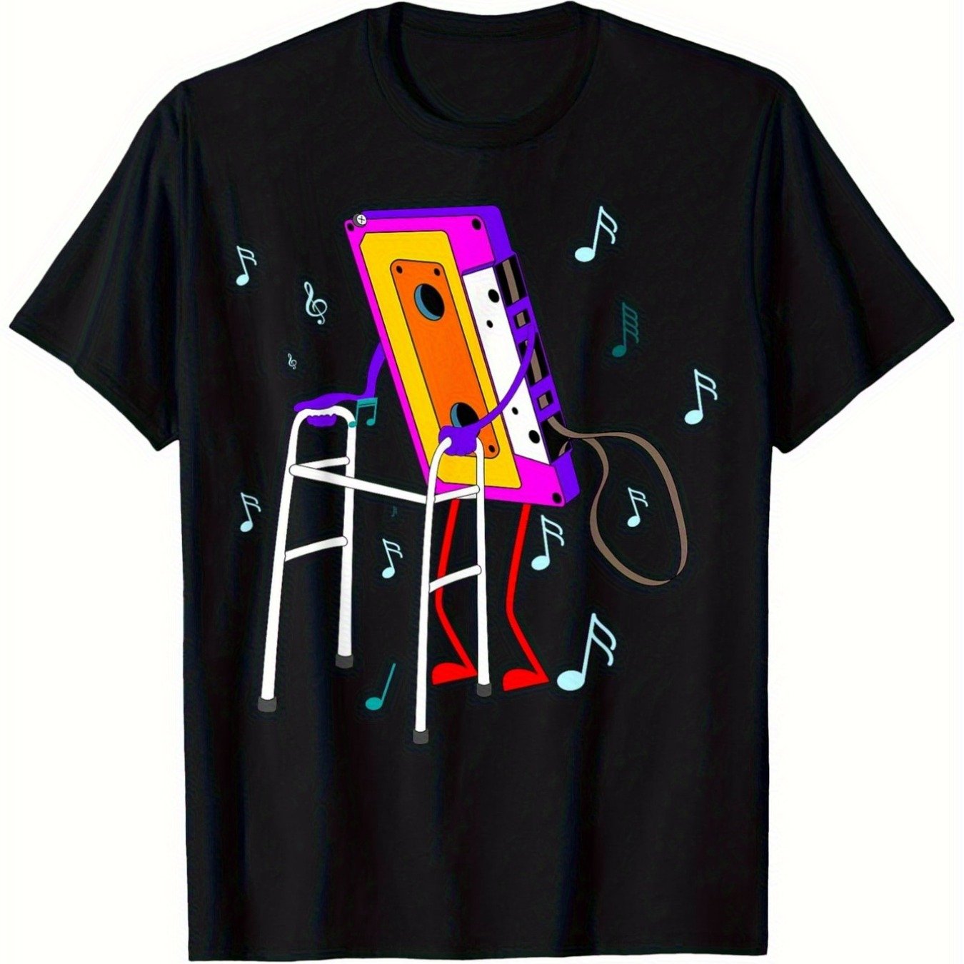 Image of Retro 70s 80s 90s Cassette Tape & Music Note T-shirt - Vintage 80s Neon Cassette & Music Notes, 100% Cotton Regular Fit Unisex Streetwear, S-xxxl Sizes, Black Lover Shirt For , Casual Vintage Outfit