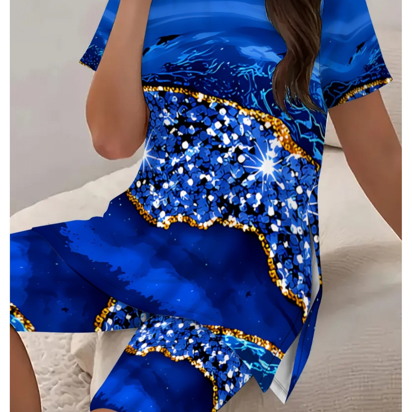 TEMU Plus Size - Plus Size - Women's Plus Size Royal Blue Gradient Rhinestone Casual Set, Loose Short Sleeve Top And Matching Shorts Two-piece Set
