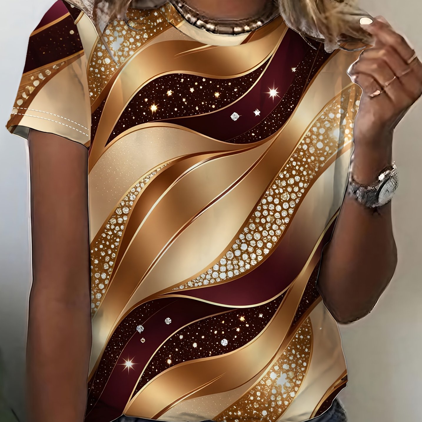 TEMU Light Luxury Premium Texture Style Golden Wave Rhinestone Starlight Texture Printed Round Neck Short Sleeve T-shirt