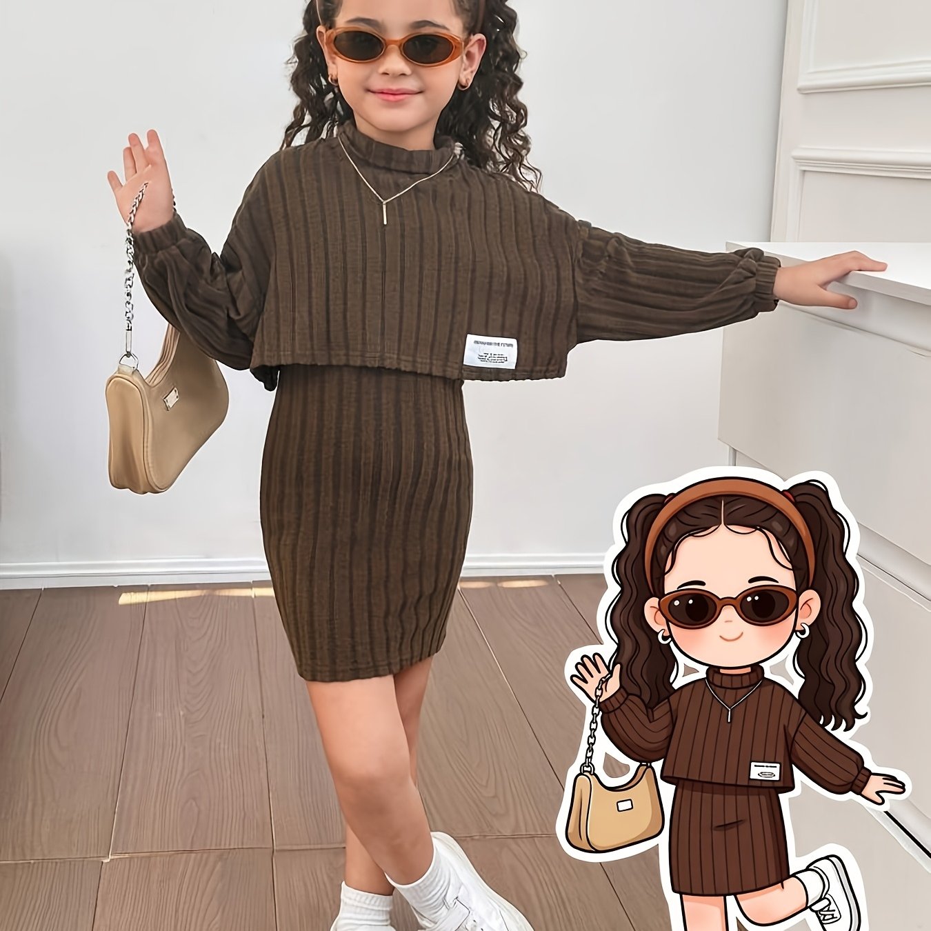 2pcs Set Young Girl Urban Fashion Solid Color Round Neck Long Sleeve Sweater And Fitted Camisole Dress, Suitable For Girls Aged 3-7, Ideal Valentine's Day Gift Or Back-to-school