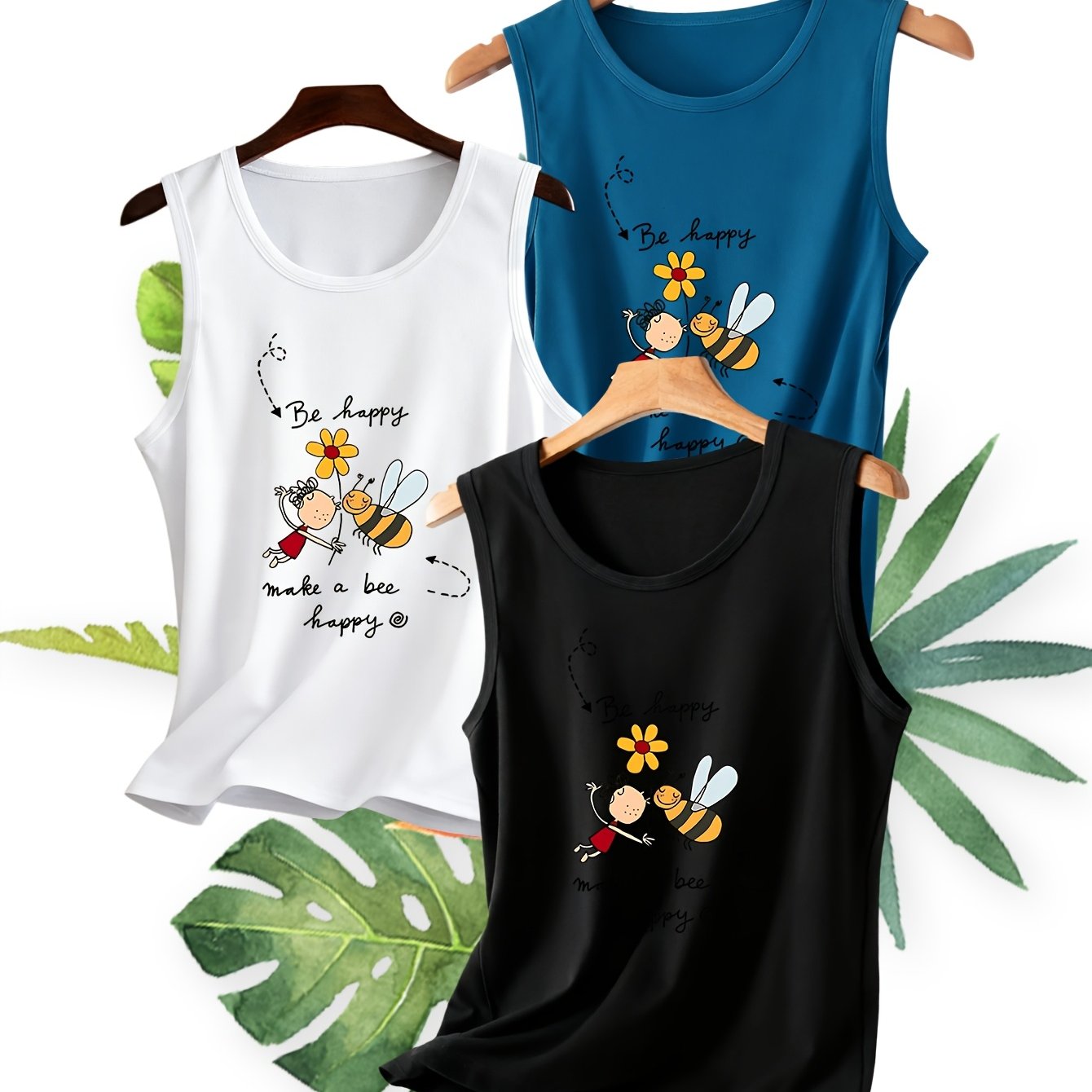 TEMU 3pcs Set, Optional, Women's Vest, Bee And Floral Round Neck Vest, Spring Summer Casual Style, Women's Sleeveless Top