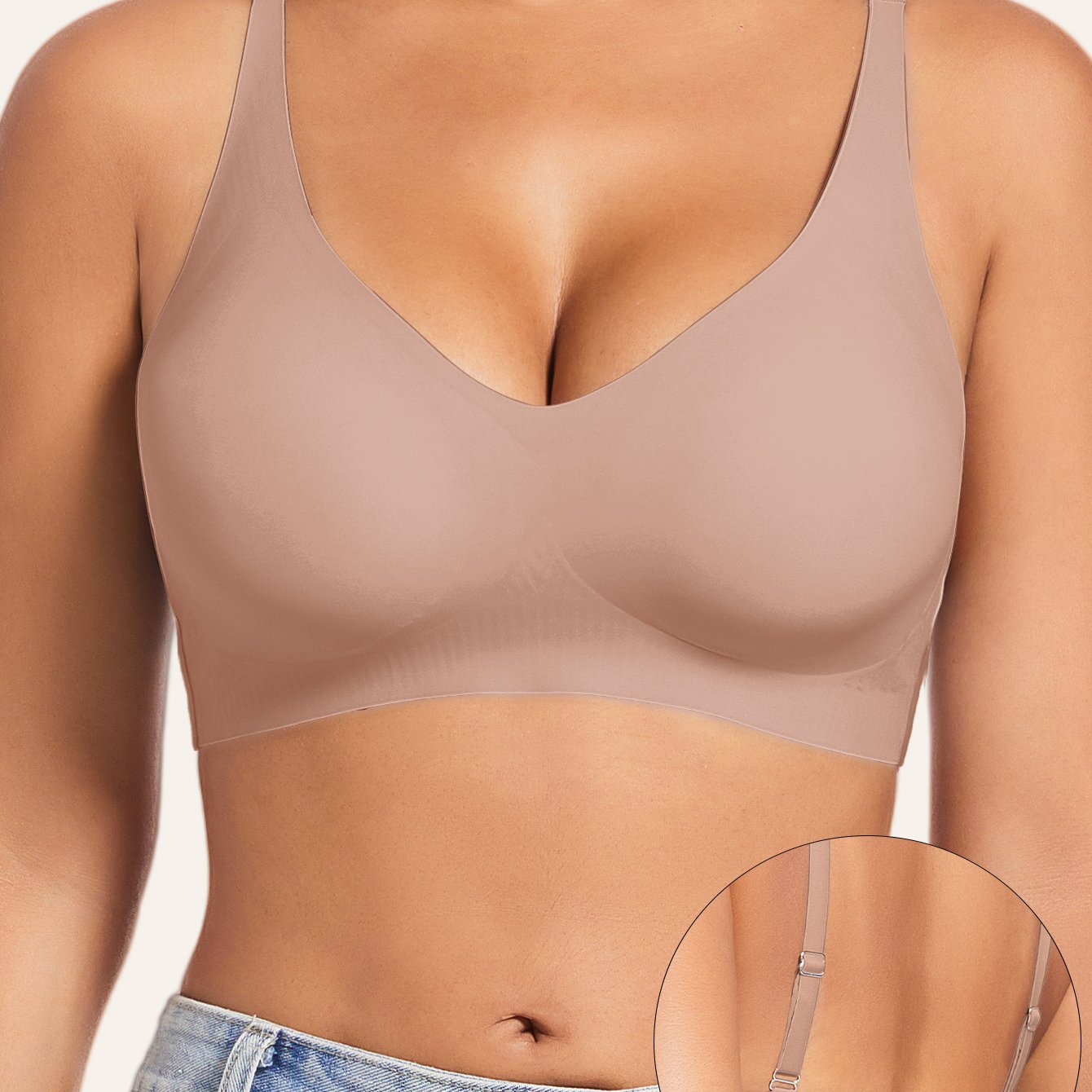 Image of A Set Of 1, Women' Contrast Spaghetti Strap Bra, Beautiful Back Bralette, Soft Breathable Removable Bra Pads, Single Breasted Minimalist Basic Underwear Tops For Women, Solid Color Underwear For