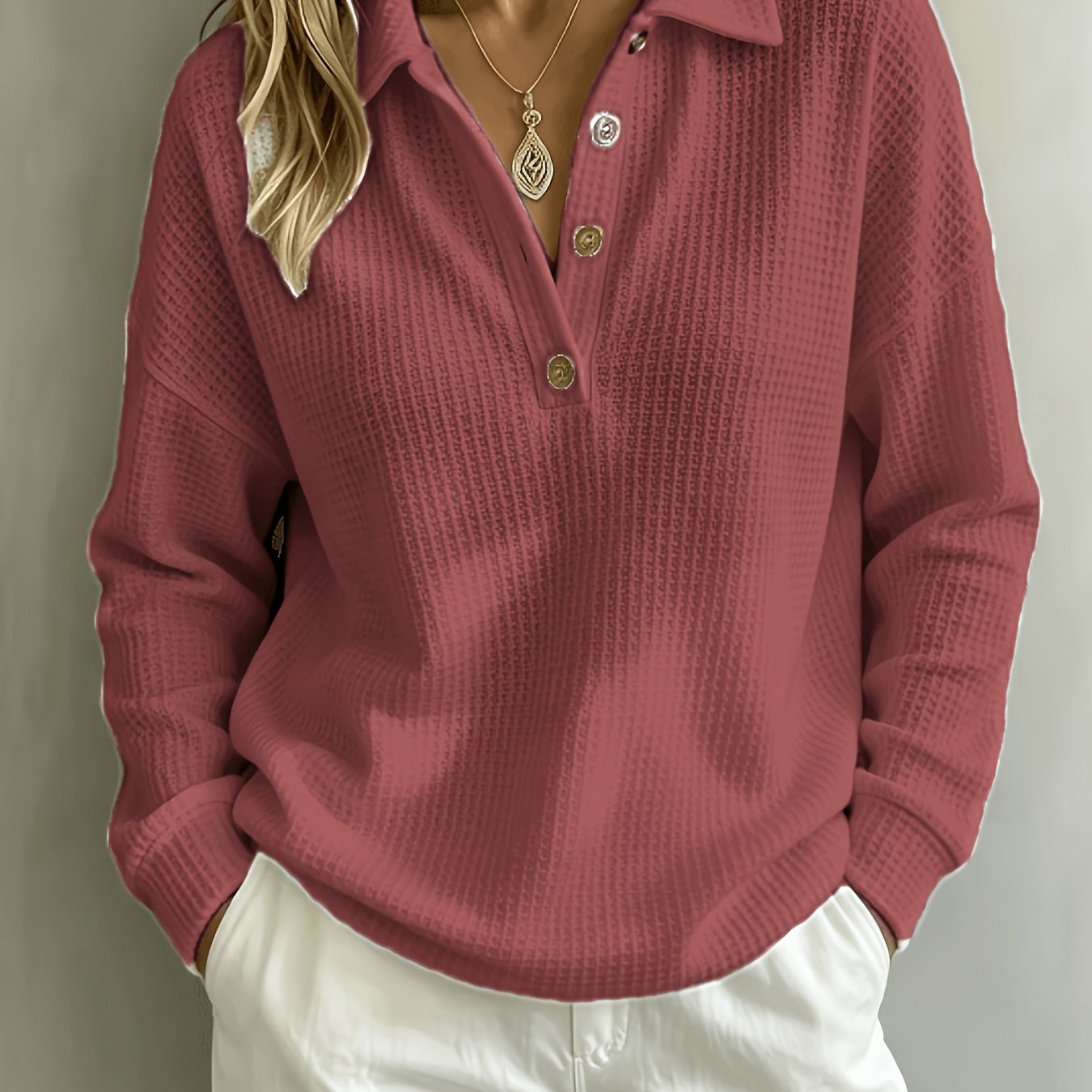 TEMU Women's Fashion Waffle Collar Long Sleeve Loose Drop Shoulder Half-button Pullover Top, New Relaxed Style Casual Versatile Top